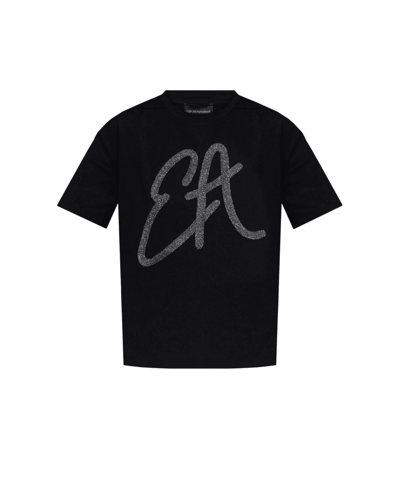 Emporio Armani Cotton Jersey T-shirt with Oversized Lurex Logo Glam Steals