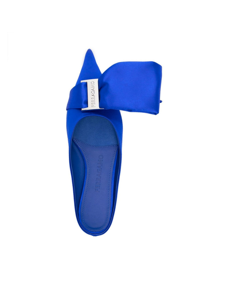 Ferragamo Satin Asymmetric Bow Mules Glam Steals