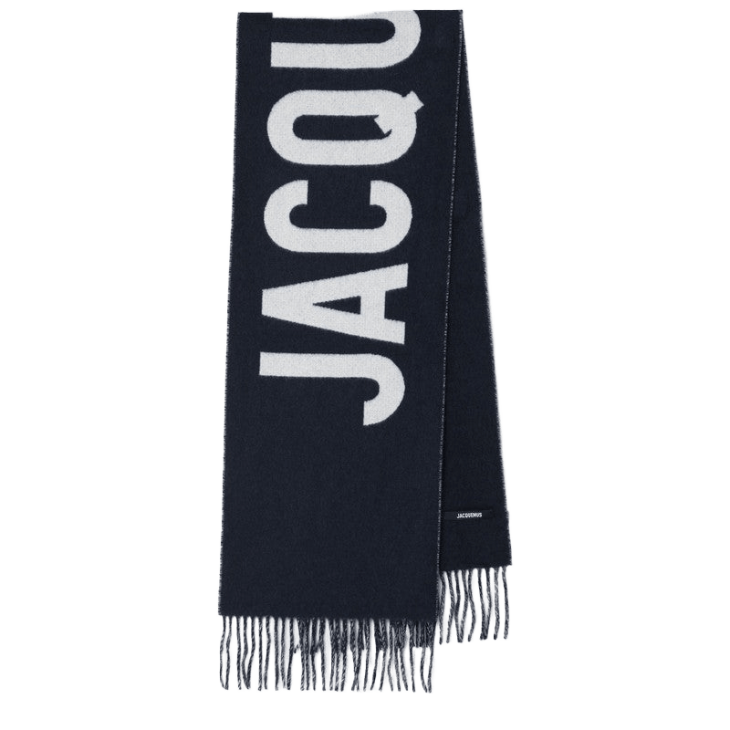 Jacquemus Blue Wool Navy Scarf with Logo Glam Steals