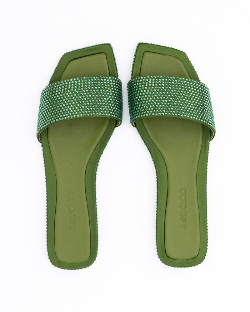 Jimmy Choo Green Satin Crystal Clovis Flat Glam Steals
