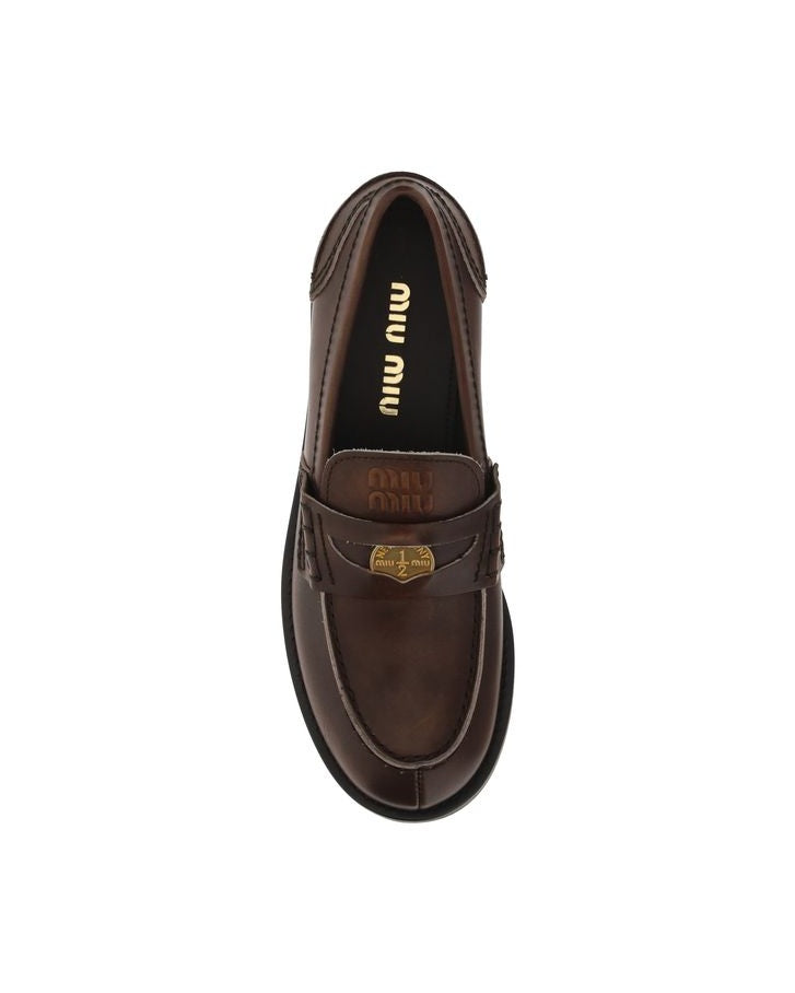 Miu Miu Brown Leather Calf Bos Taurus Slip On Loafers Glam Steals
