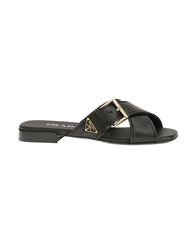 Prada Black Calf Leather Bos Taurus Flat Sandals Flats