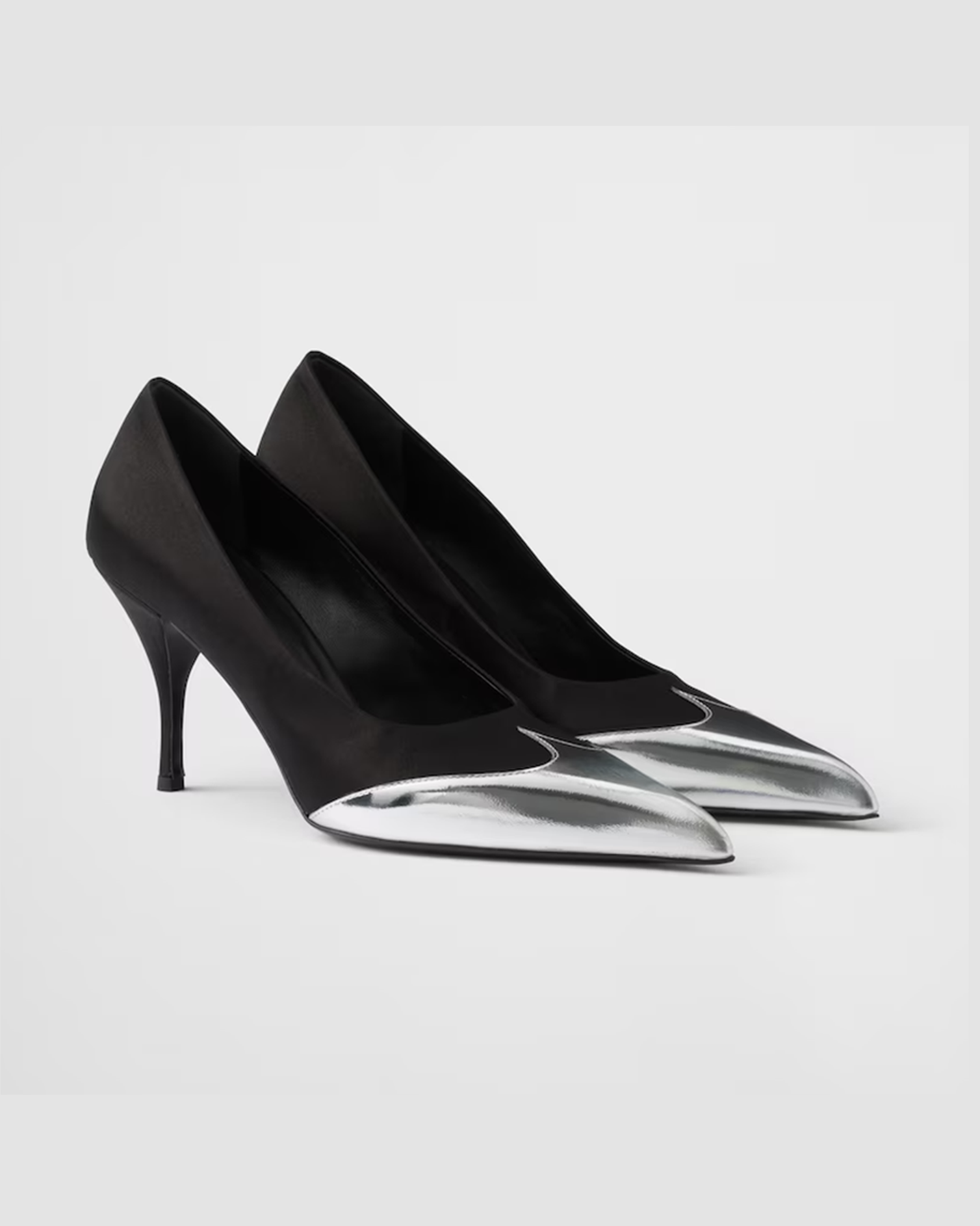 Prada Black Satin And Metallic Silver Leather Pumps Glam Steals