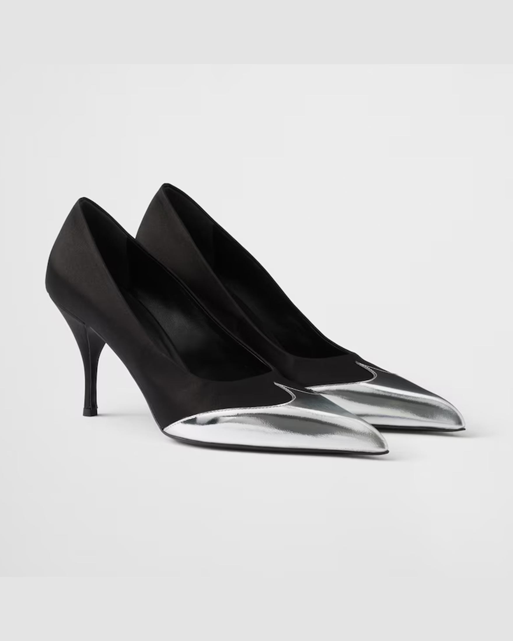 Prada Black Satin And Metallic Silver Leather Pumps Glam Steals