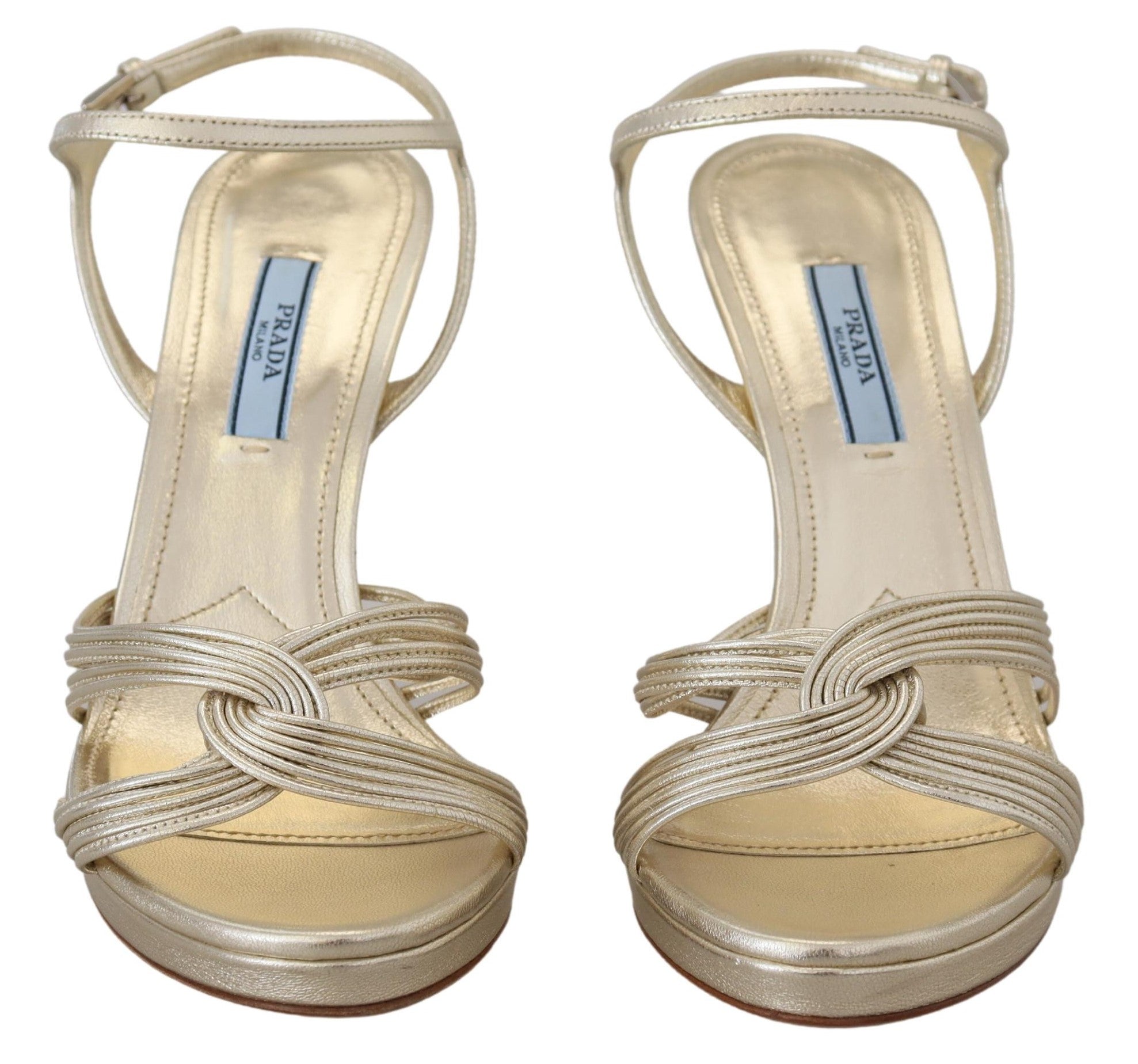 Prada Gold Leather Sandals Ankle Strap Heels Glam Steals