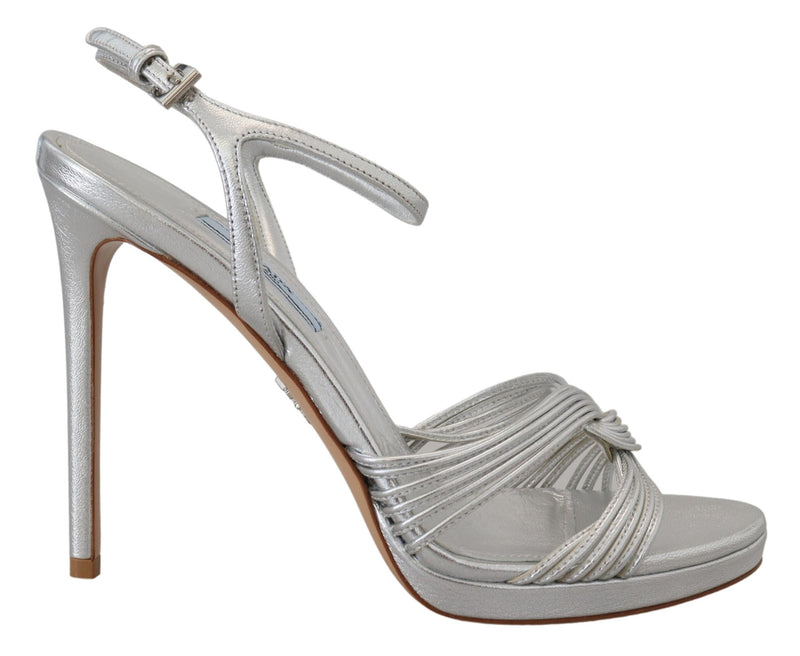 Prada Silver Leather Sandals Ankle Strap Heels Glam Steals