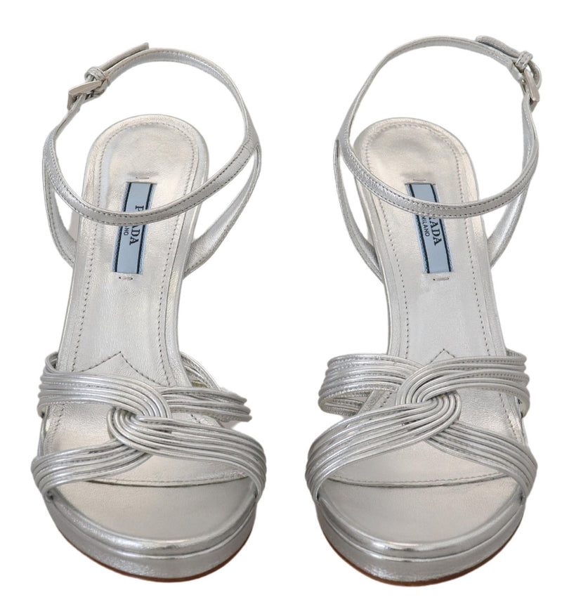 Prada Silver Leather Sandals Ankle Strap Heels Glam Steals