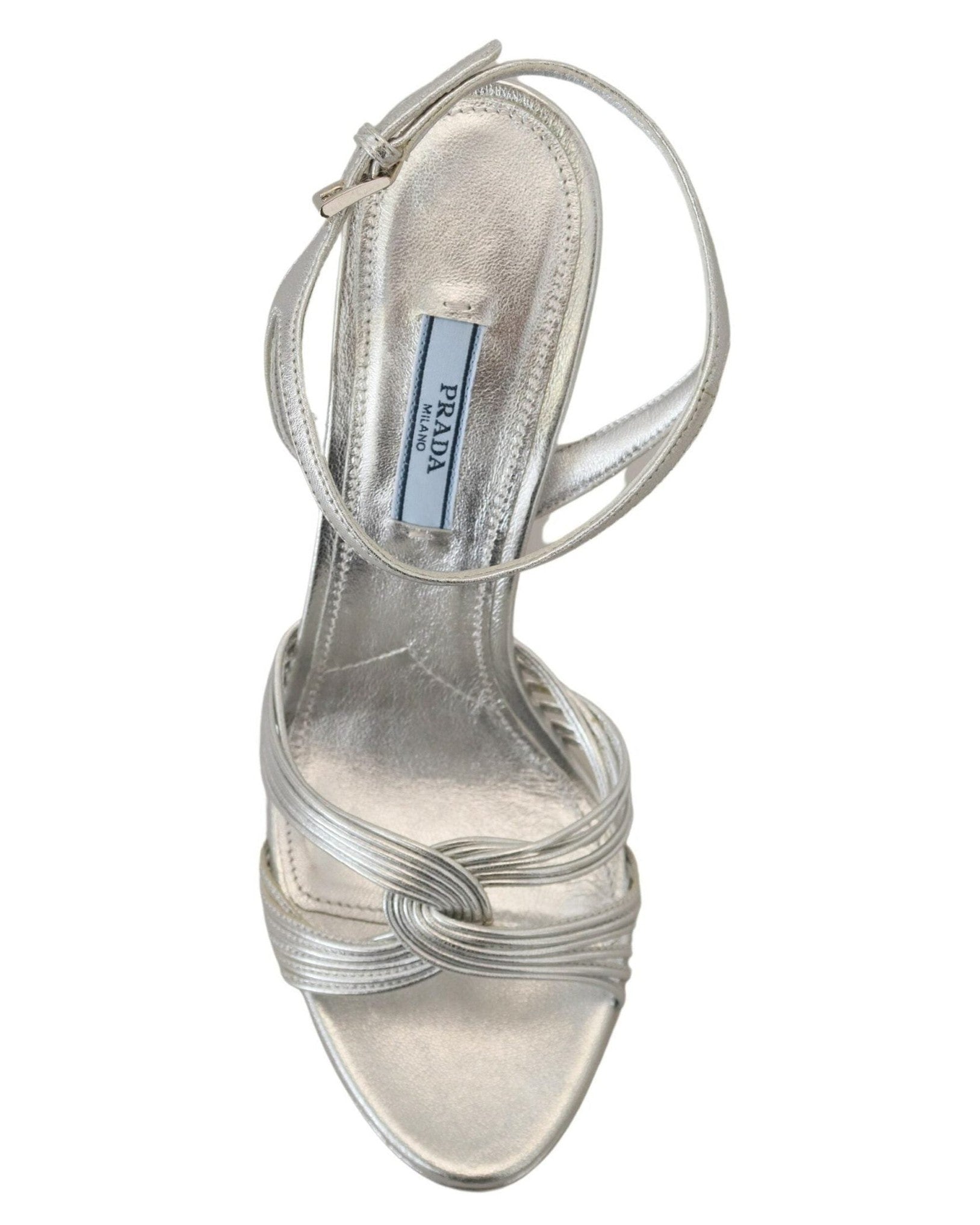 Prada Silver Leather Sandals Ankle Strap Heels Heels