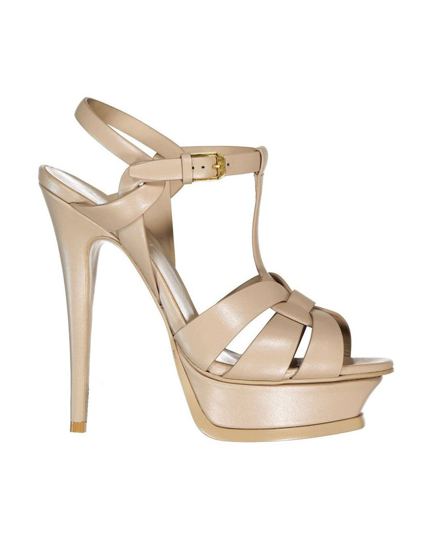 Saint Laurent Beige Calfskin Platform Sandals
