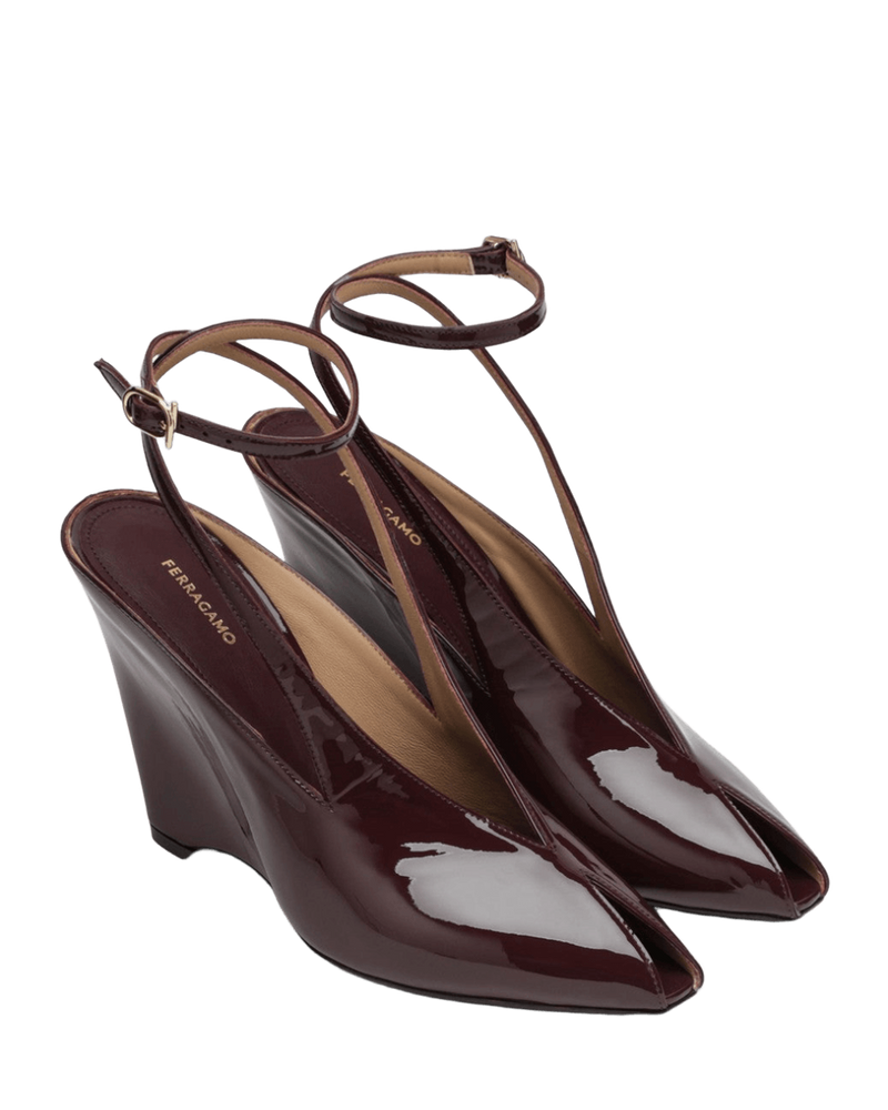 Salvatore Ferragamo Peep Toe Wedge Sandals in Bordeaux Glam Steals