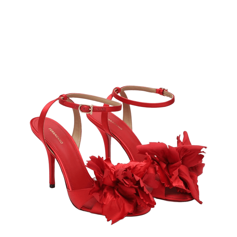 Salvatore Ferragamo Red Satin Sandals with Flower Glam Steals
