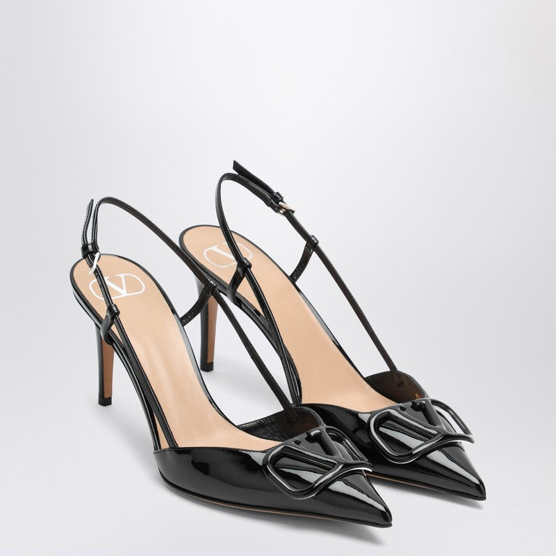 Valentino Black Leather Garavani Slingback Vlogo in Patent Glam Steals
