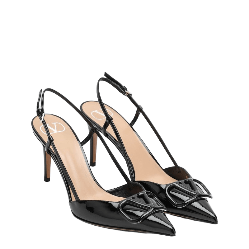Valentino Black Leather Garavani Slingback Vlogo in Patent Glam Steals
