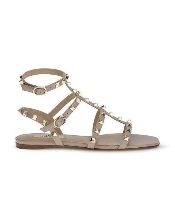 Valentino Garavani Beige Calf Leather Bos Taurus Flat Sandals Sandals
