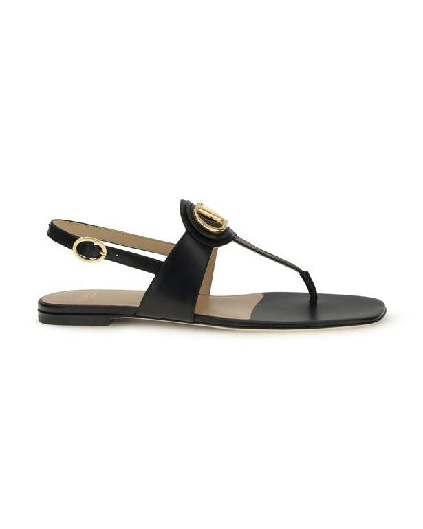 Valentino Garavani Black Calf Leather Bos Taurus Flat Sandals Flats