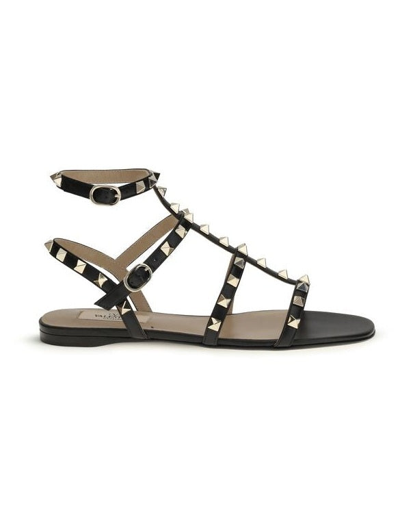 Valentino Garavani Black Calf Leather Bos Taurus Flat Sandals Glam Steals