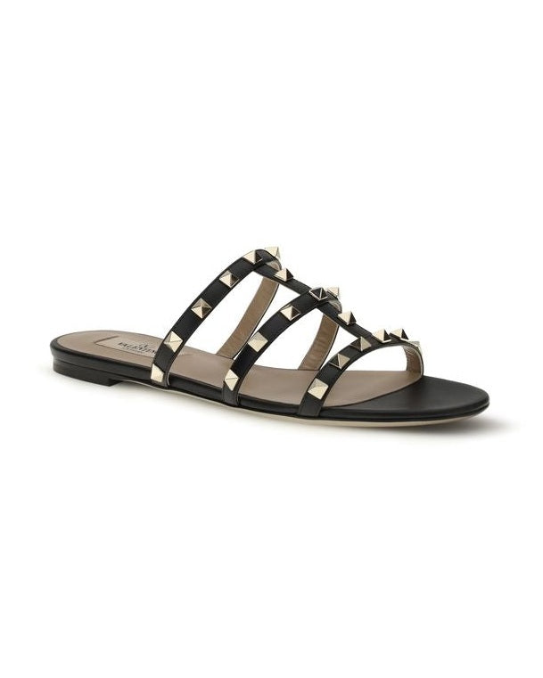 Valentino Garavani Black Calf Leather Bos Taurus Flat Sandals Glam Steals