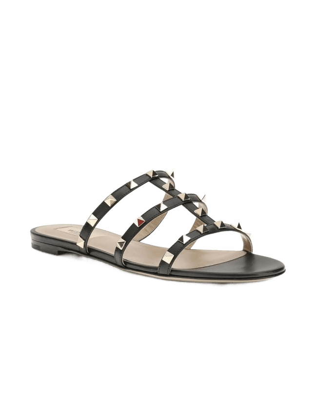 Valentino Garavani Black Calf Leather Bos Taurus Flat Sandals Glam Steals