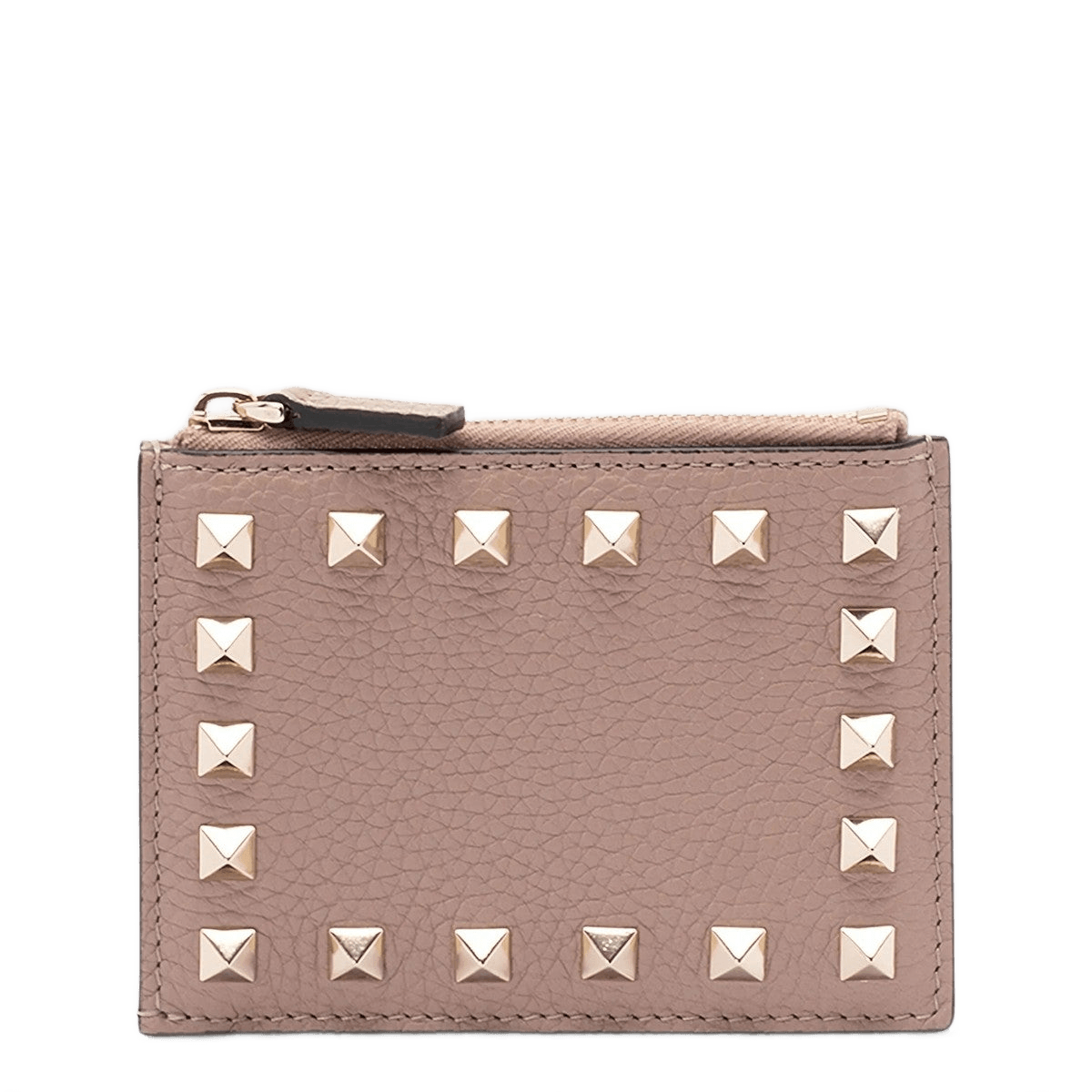 Valentino Garavani Pink Leather Rockstud Zipped Card Holder in Powder Glam Steals