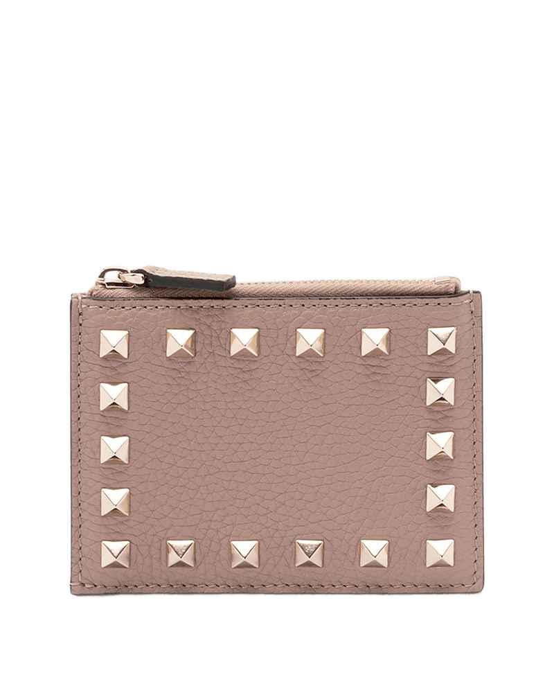Valentino Garavani Pink Leather Rockstud Zipped Card Holder in Powder Glam Steals