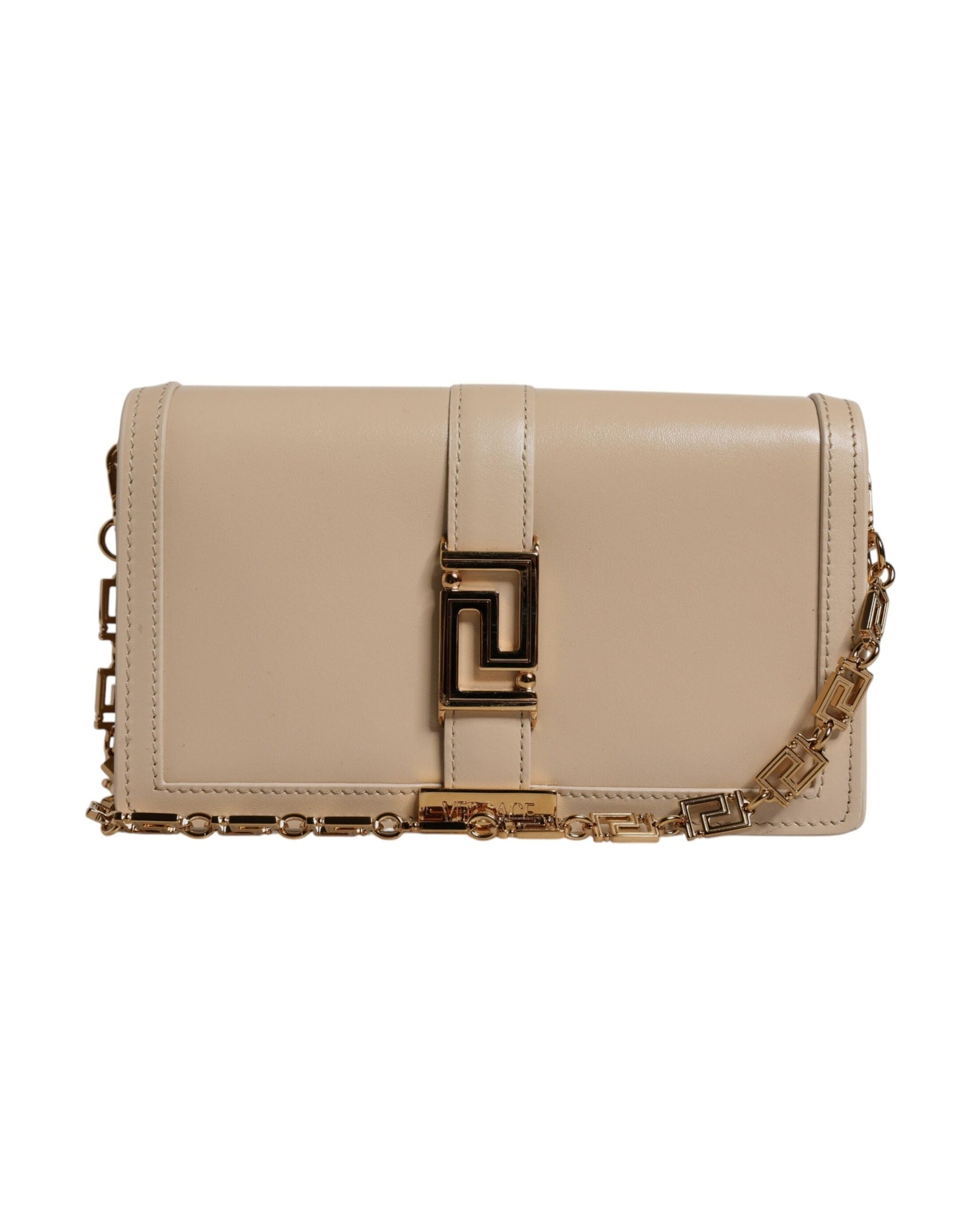 Versace Beige Leather Gold Chain Calf Wallet Crossbody Bag Glam Steals