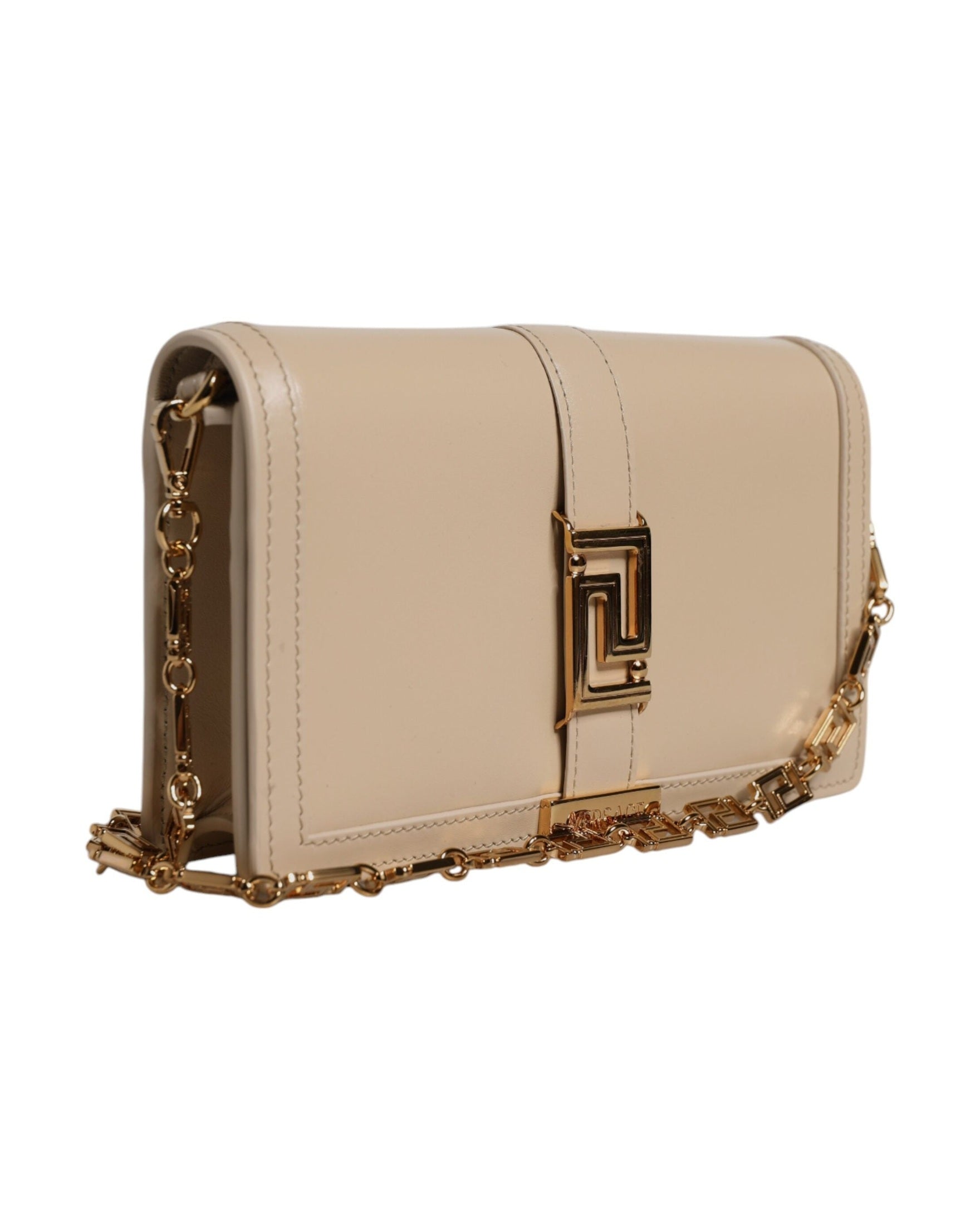 Versace Beige Leather Gold Chain Calf Wallet Crossbody Bag Glam Steals