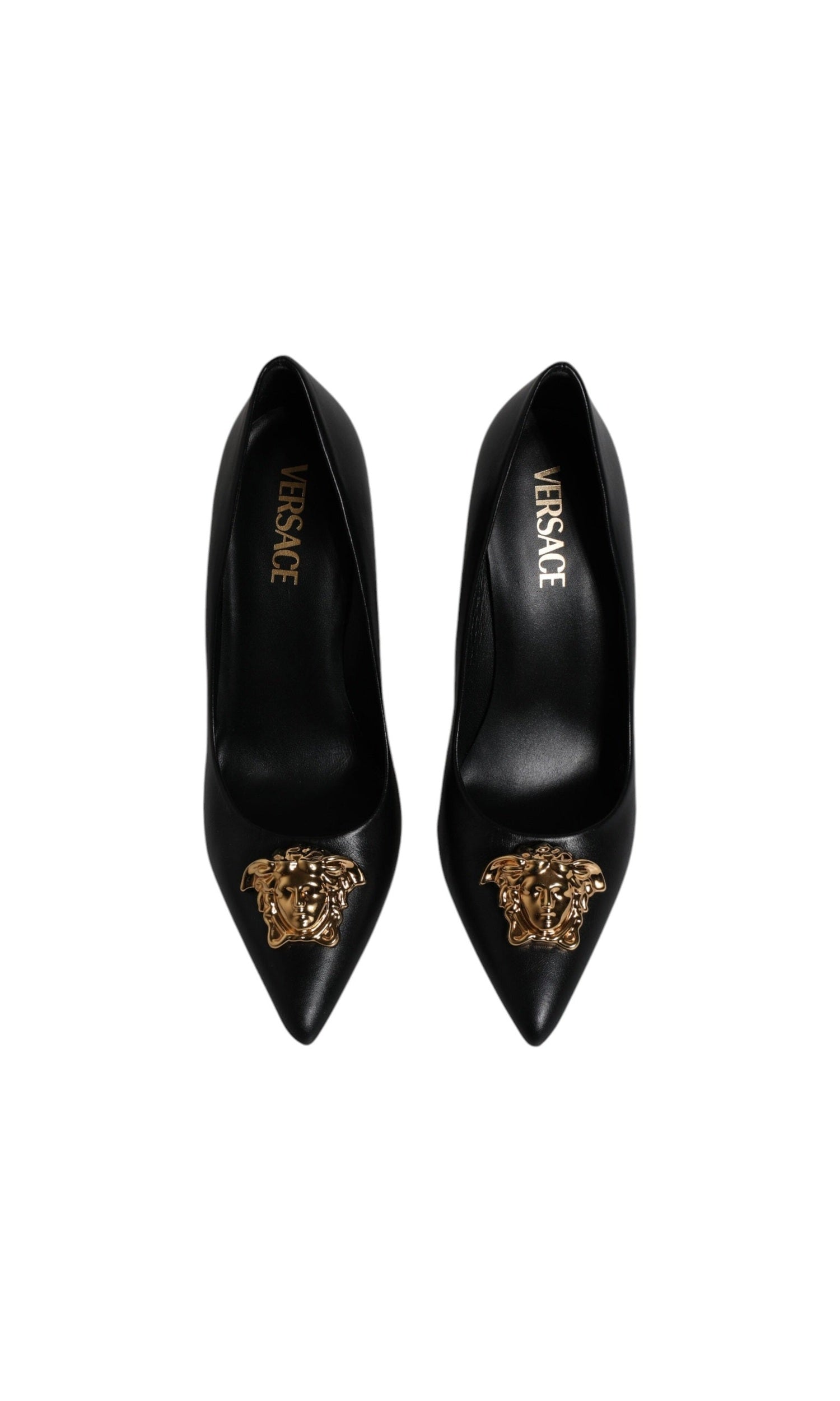 Versace Black Leather Logo Plaque High Heels Pumps Shoes Glam Steals