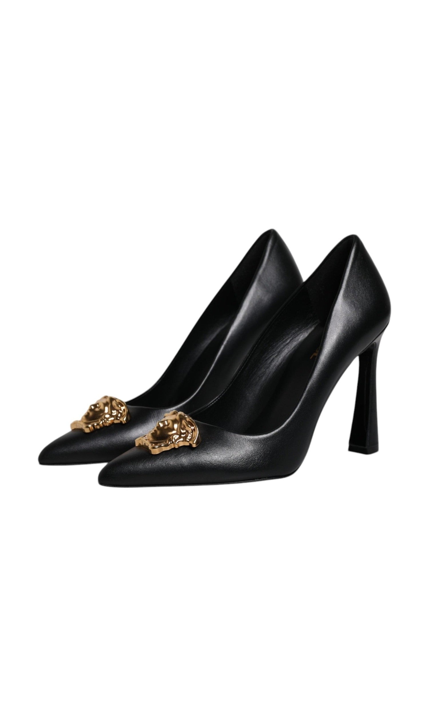 Versace Black Leather Logo Plaque High Heels Pumps Shoes Glam Steals