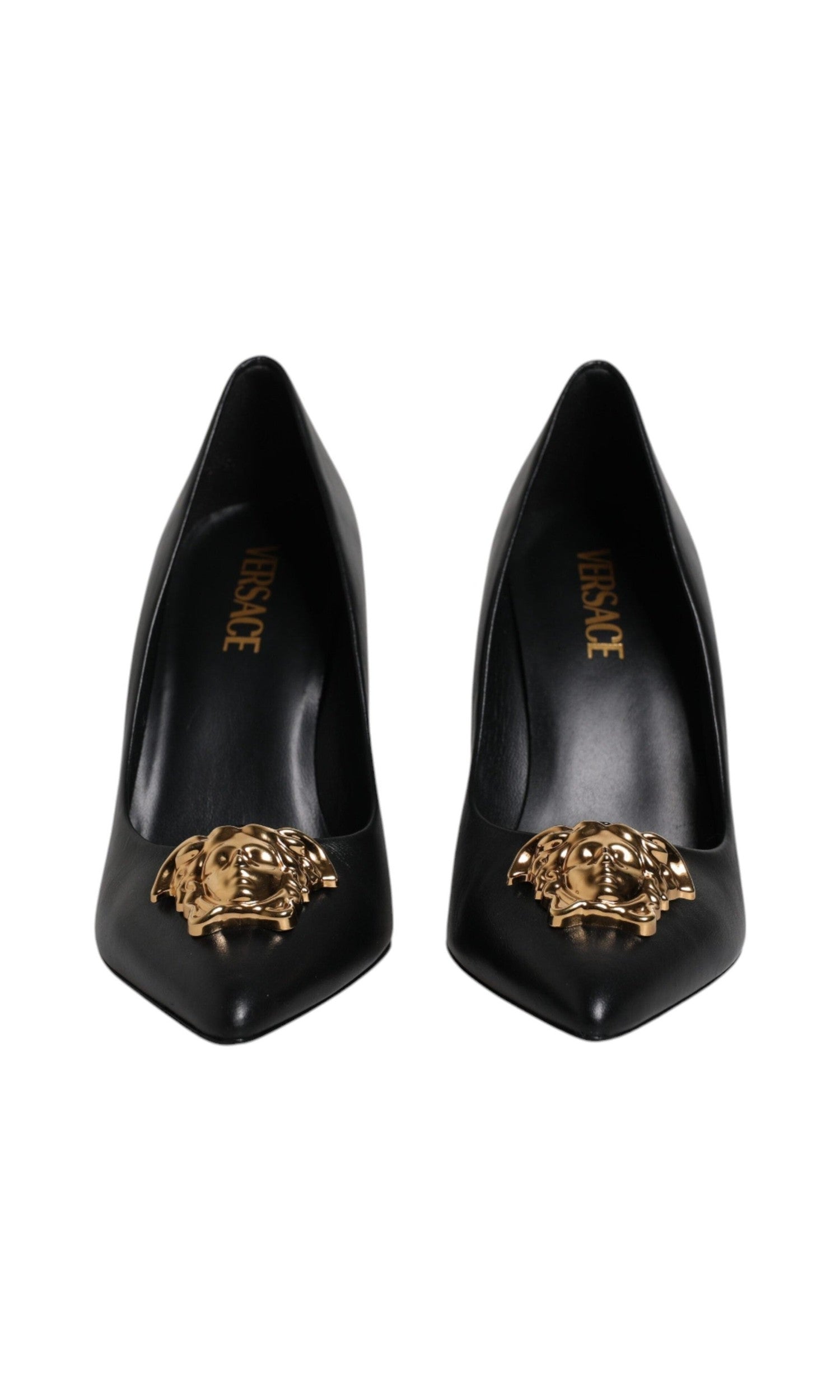 Versace Black Leather Logo Plaque High Heels Pumps Shoes Glam Steals