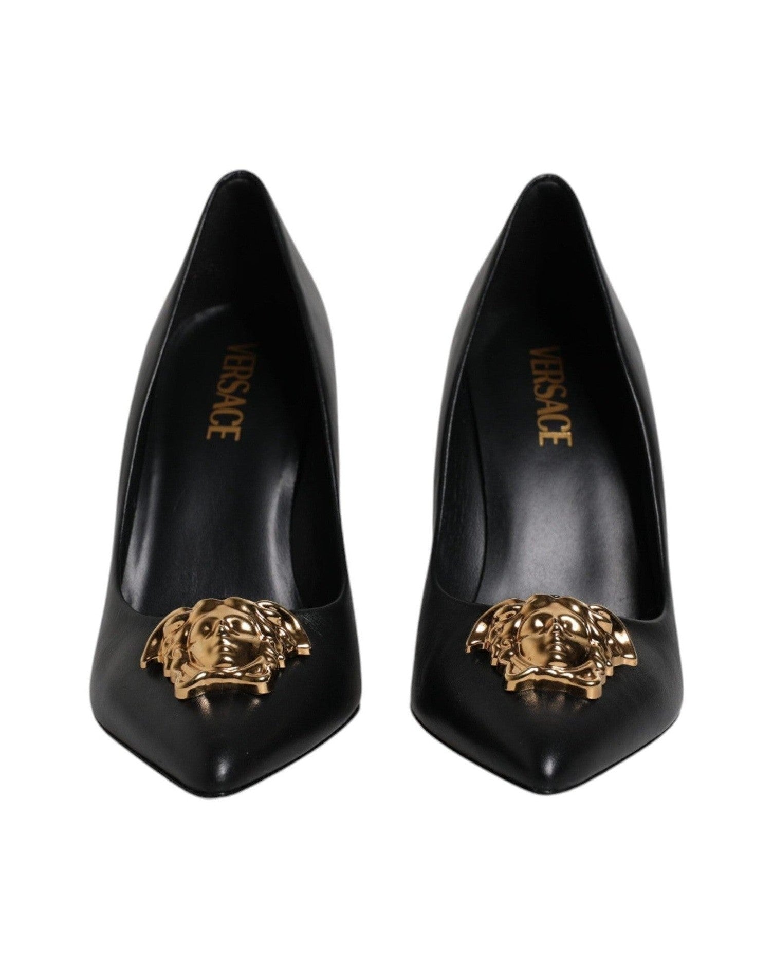 Versace Black Leather Logo Plaque High Heels Pumps Shoes Glam Steals