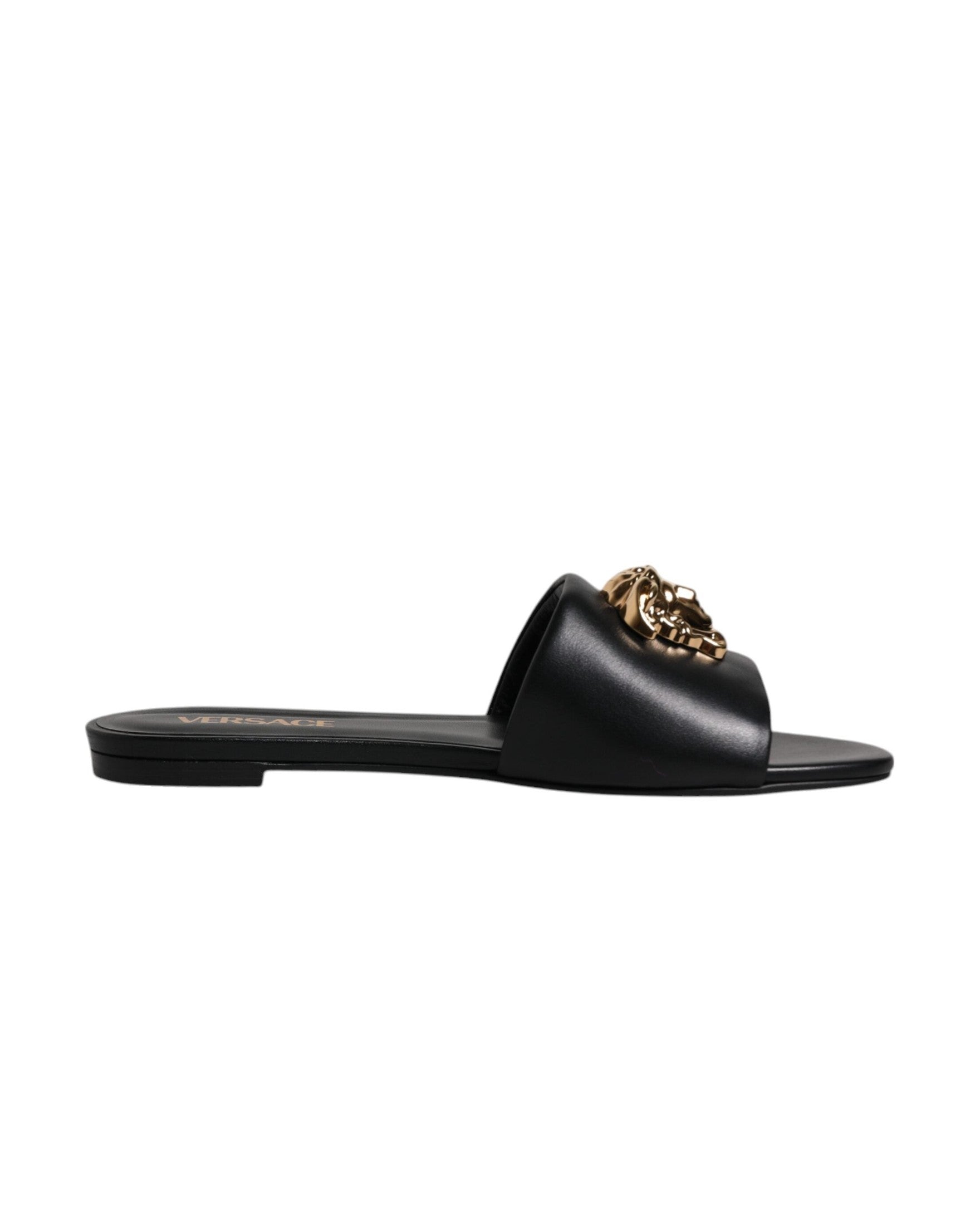 Versace Black Leather Logo Plaque Slip On Slides Flats Shoes Glam Steals