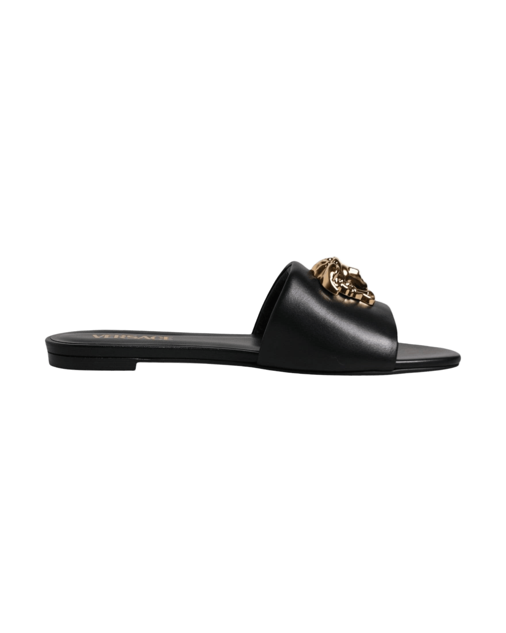 Versace Black Leather Logo Plaque Slip On Slides Flats Shoes Glam Steals