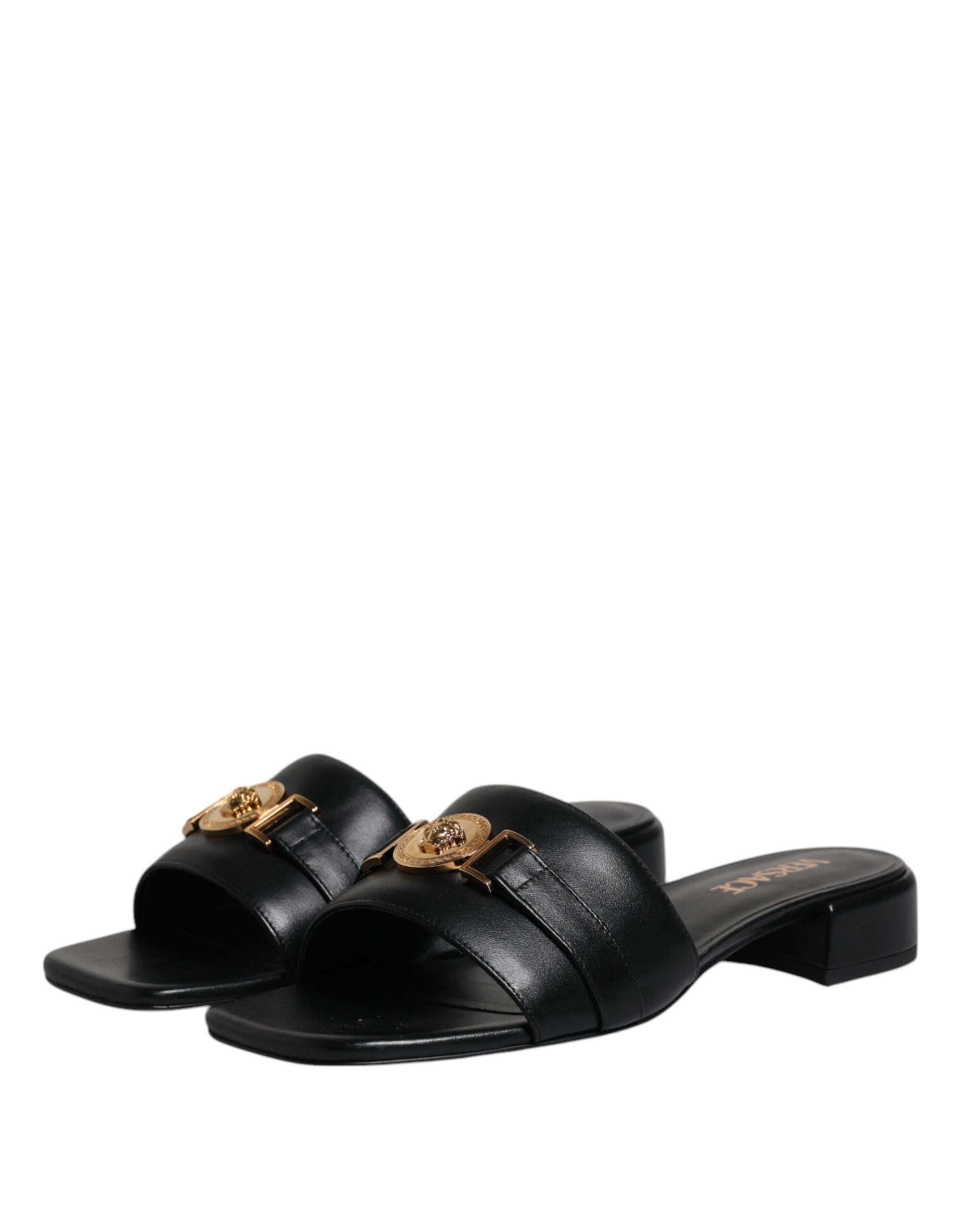Versace Black Leather Logo Plaque Slip On Slides Flats Shoes Glam Steals