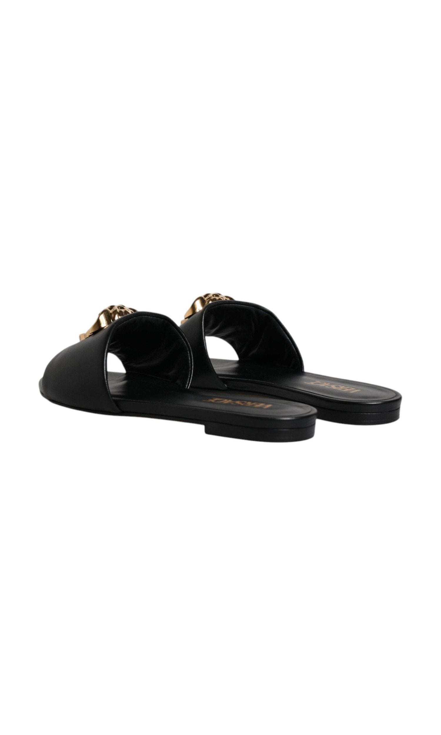 Versace Black Leather Logo Plaque Slip On Slides Flats Shoes Glam Steals
