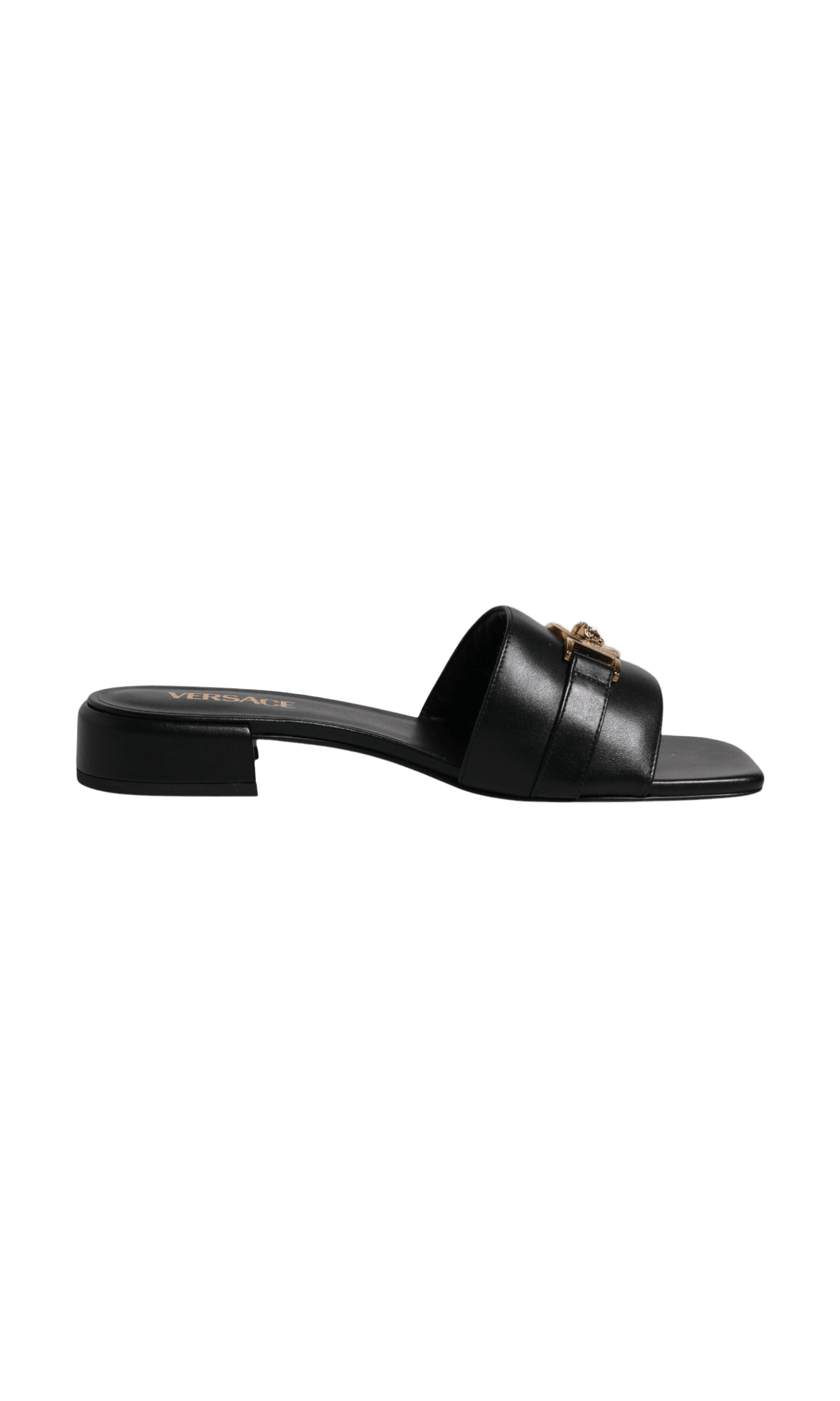 Versace Black Leather Logo Plaque Slip On Slides Flats Shoes Glam Steals