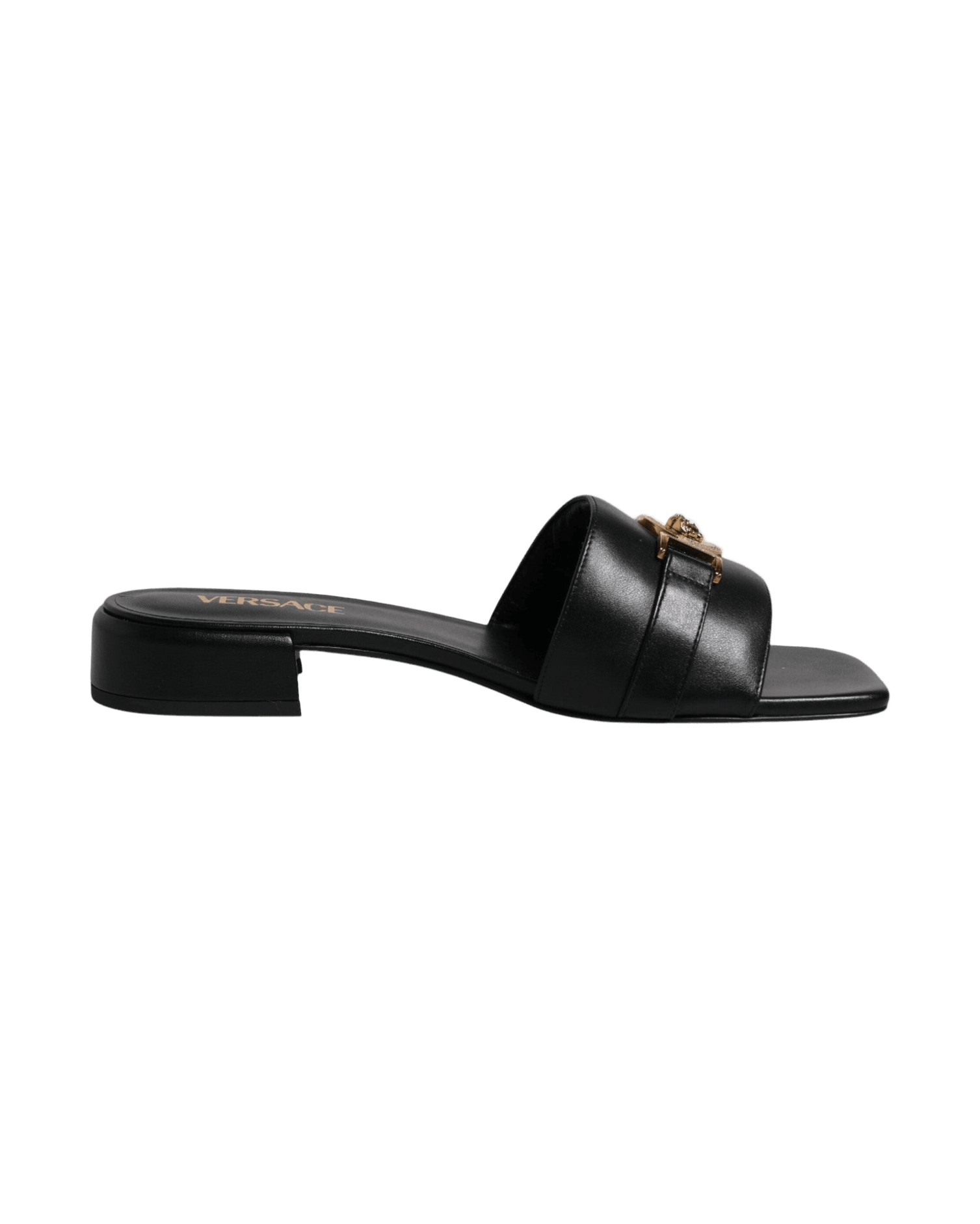 Versace Black Leather Logo Plaque Slip On Slides Flats Shoes Glam Steals