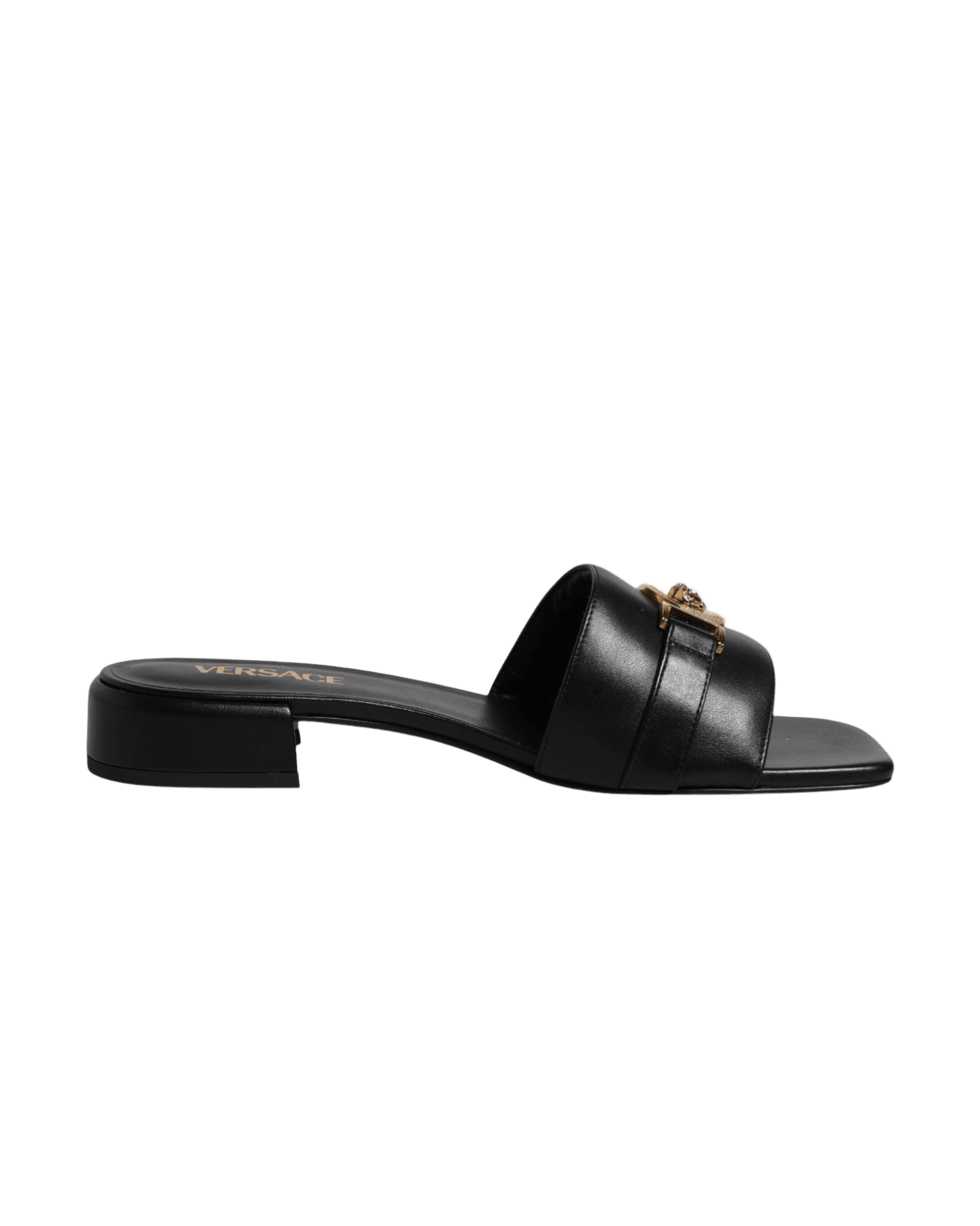 Versace Black Leather Logo Plaque Slip On Slides Flats Shoes Glam Steals