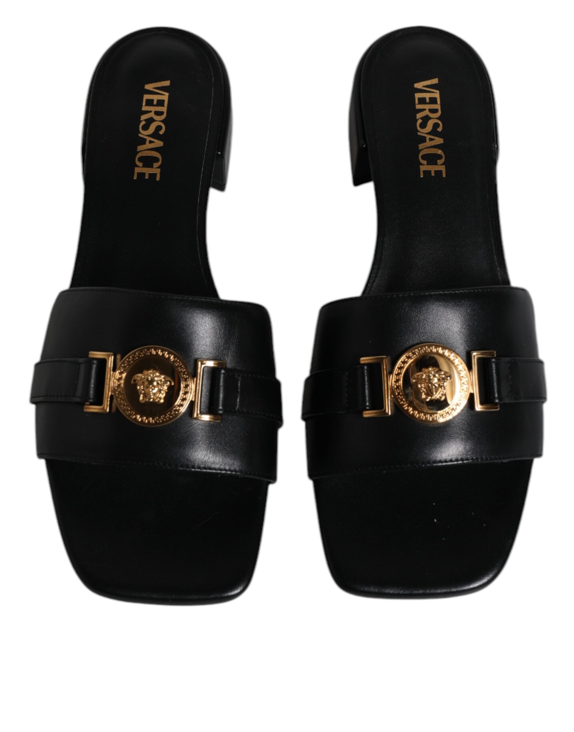Versace Black Leather Logo Plaque Slip On Slides Flats Shoes Glam Steals