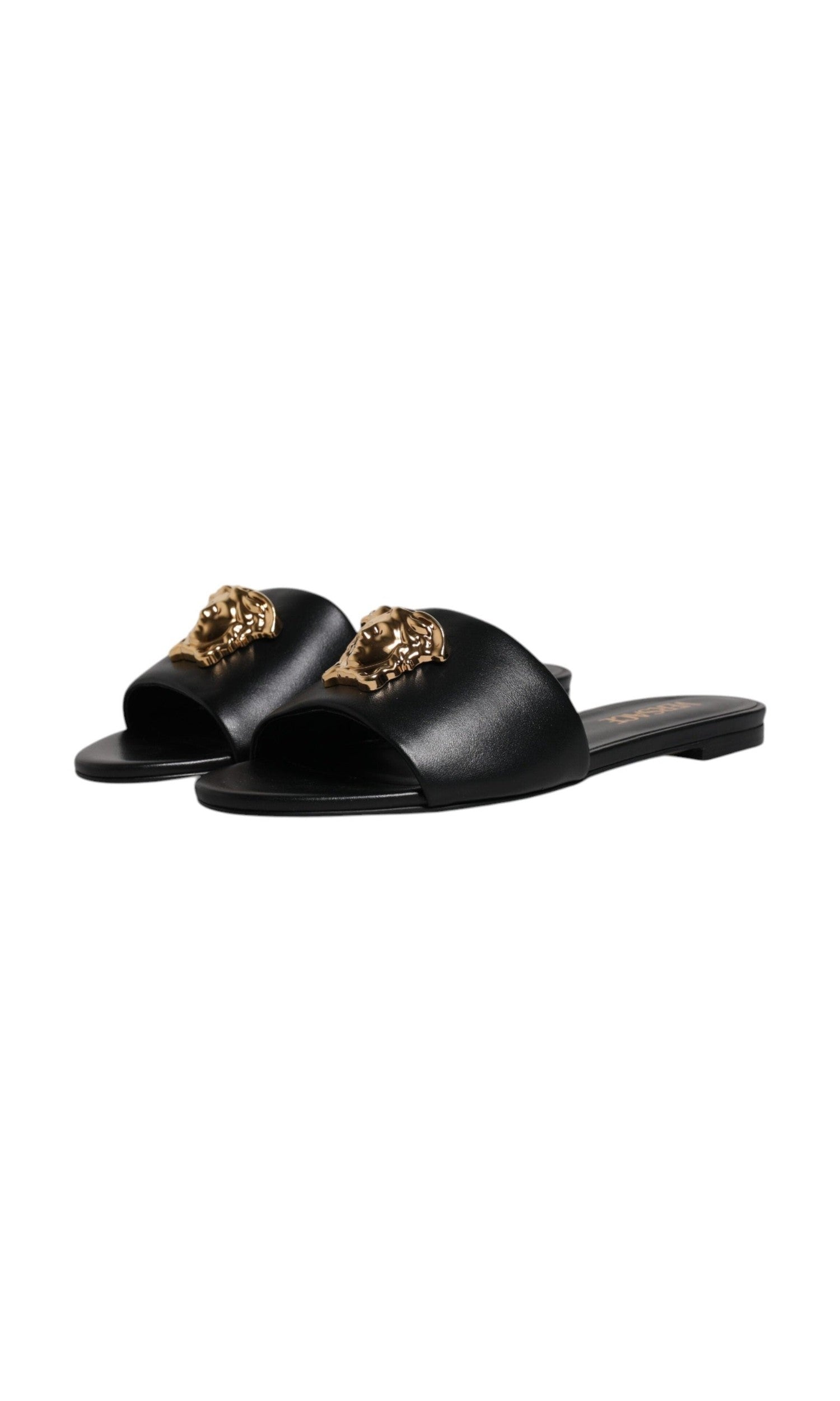 Versace Black Leather Logo Plaque Slip On Slides Flats Shoes Glam Steals