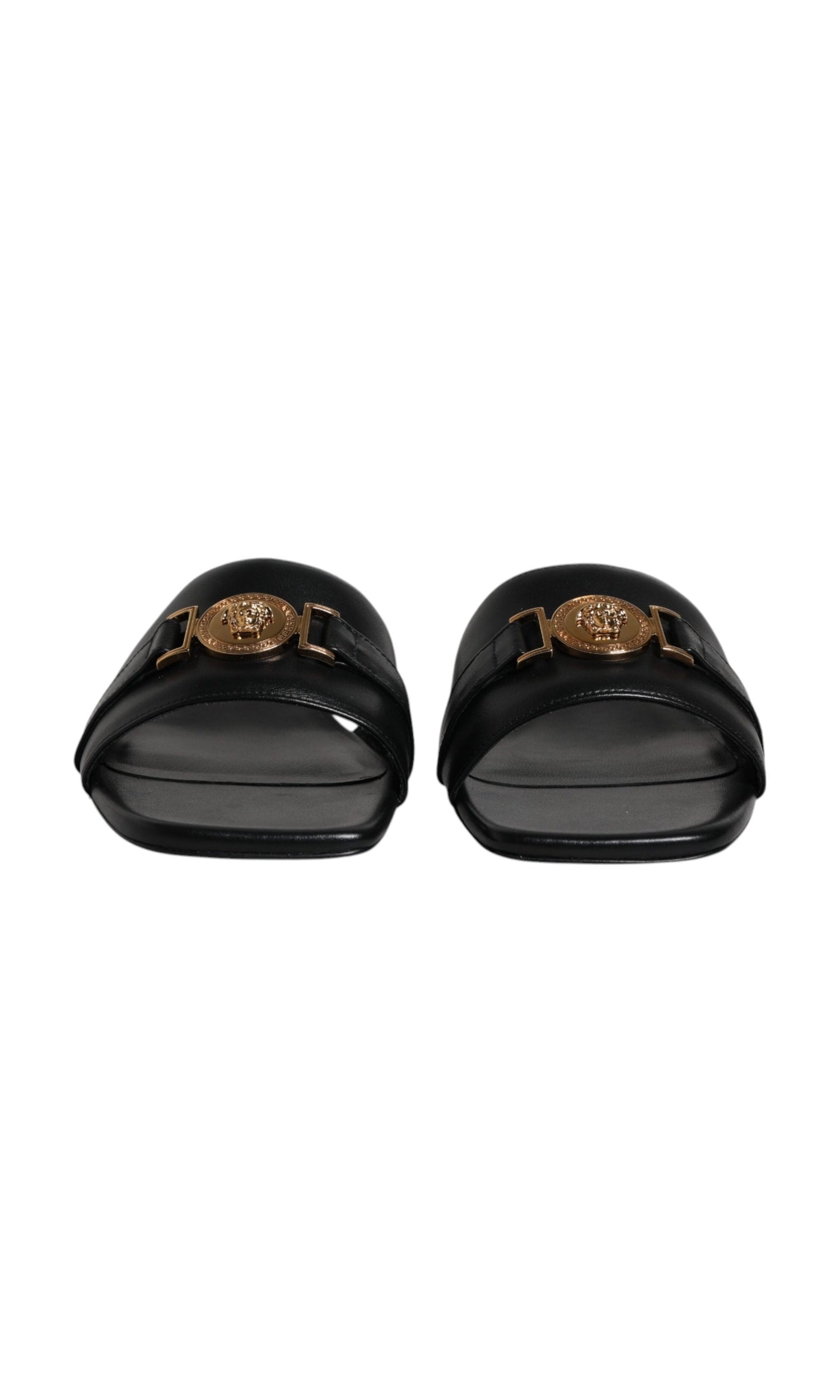 Versace Black Leather Logo Plaque Slip On Slides Flats Shoes Glam Steals