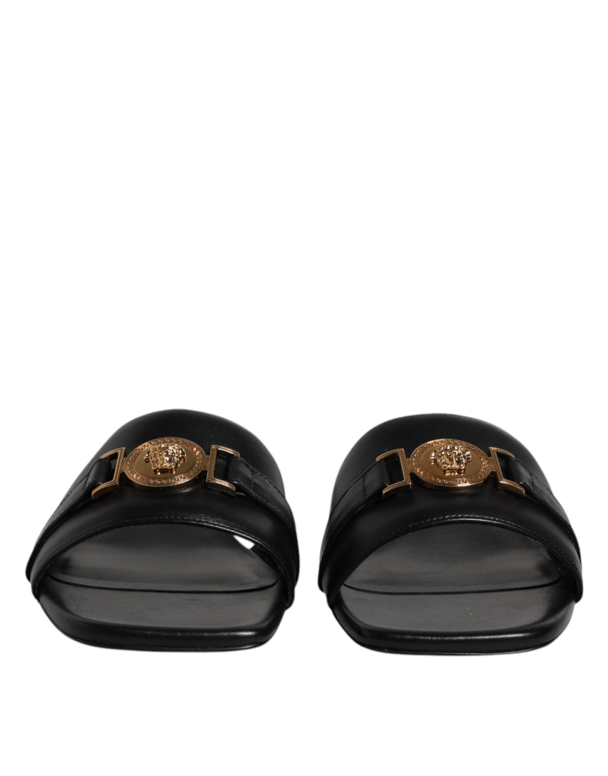 Versace Black Leather Logo Plaque Slip On Slides Flats Shoes Glam Steals
