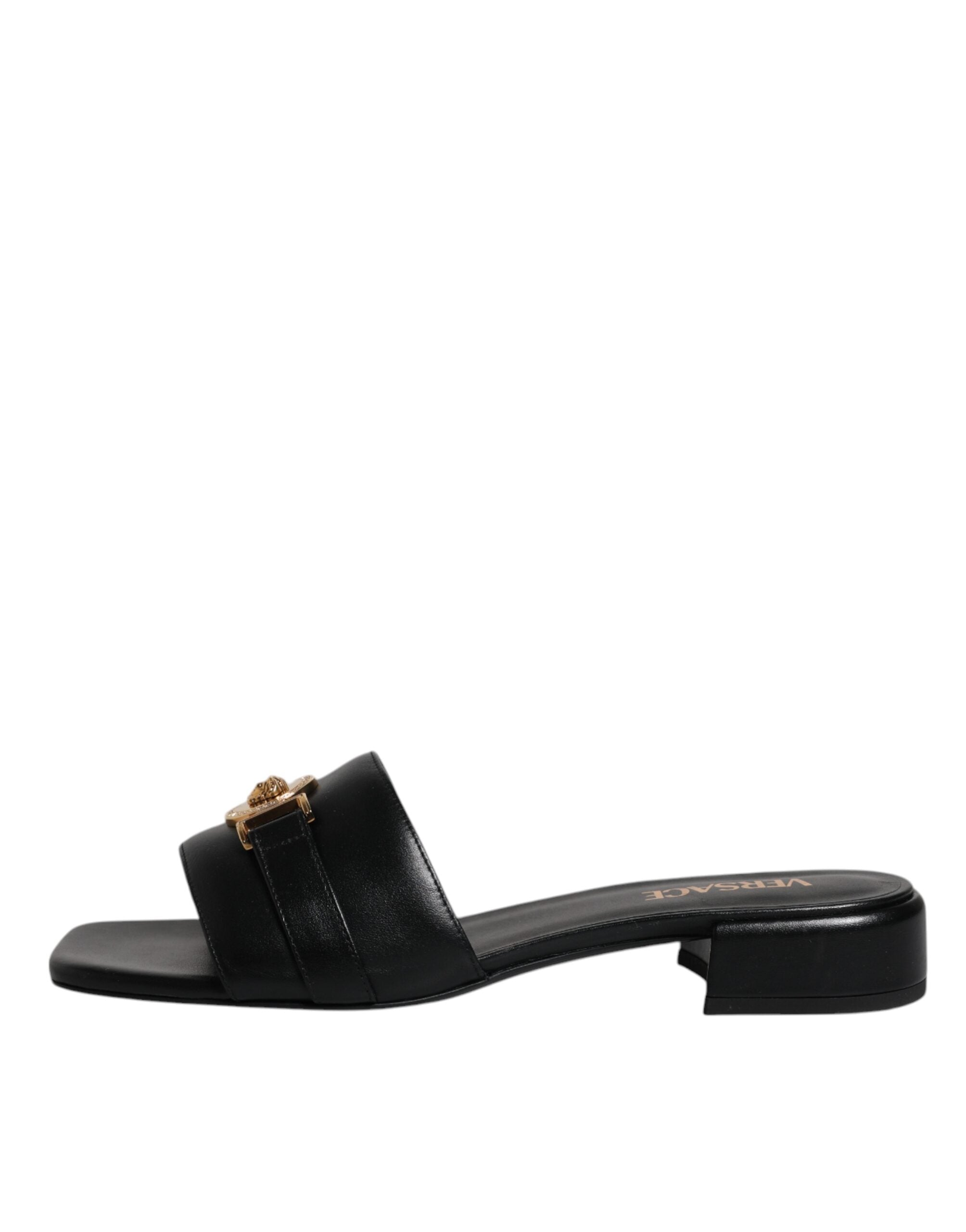 Versace Black Leather Logo Plaque Slip On Slides Flats Shoes Glam Steals