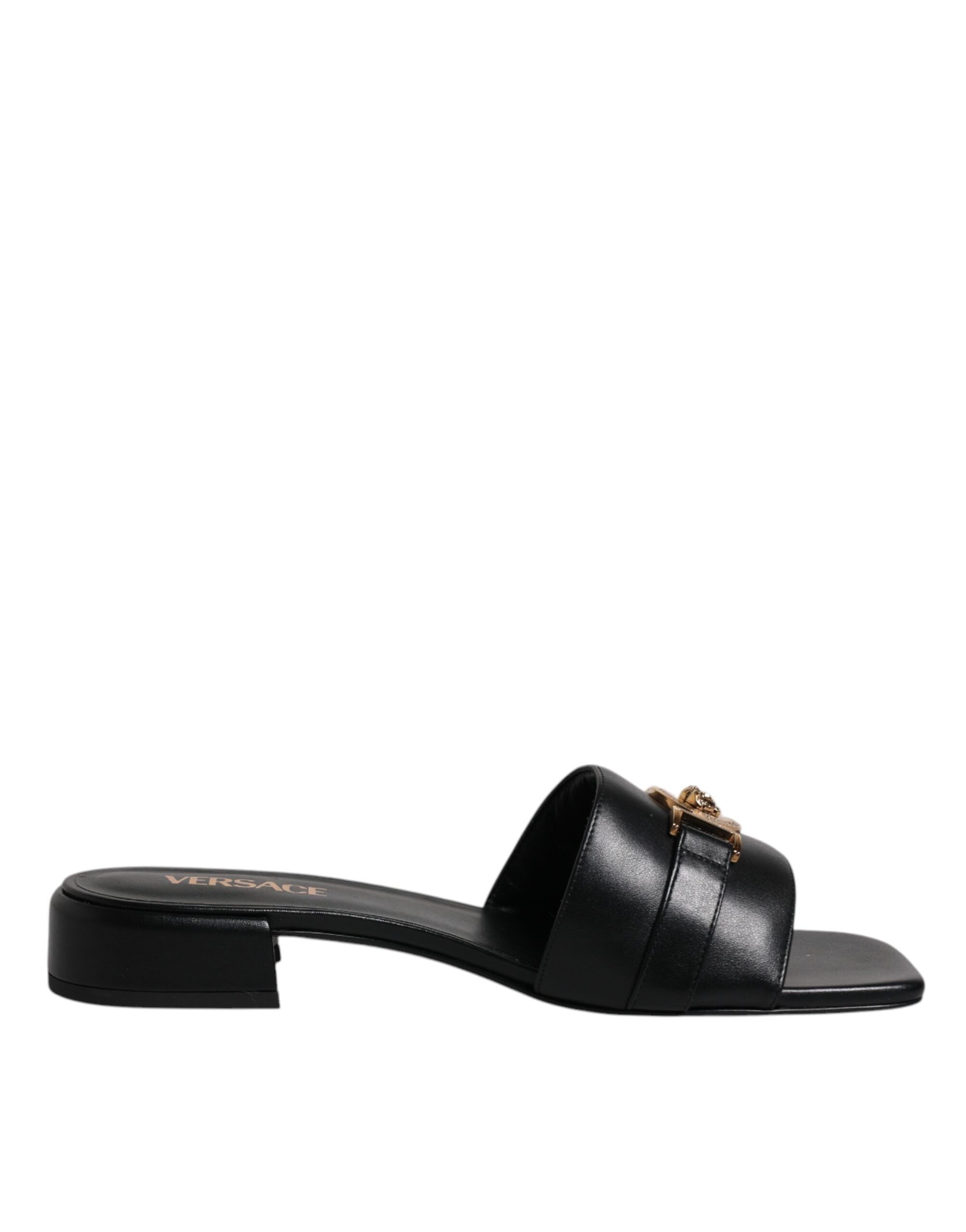 Versace Black Leather Logo Plaque Slip On Slides Flats Shoes Glam Steals