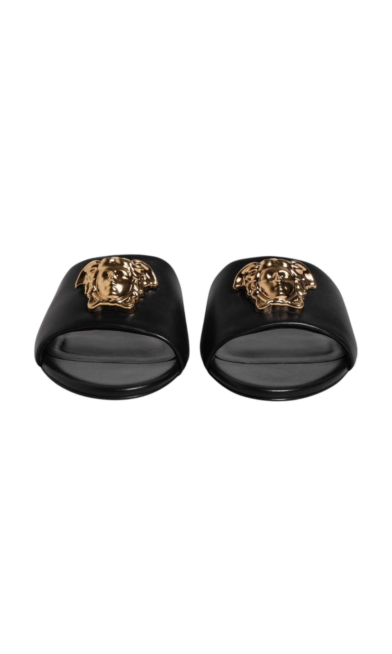 Versace Black Leather Logo Plaque Slip On Slides Flats Shoes Glam Steals