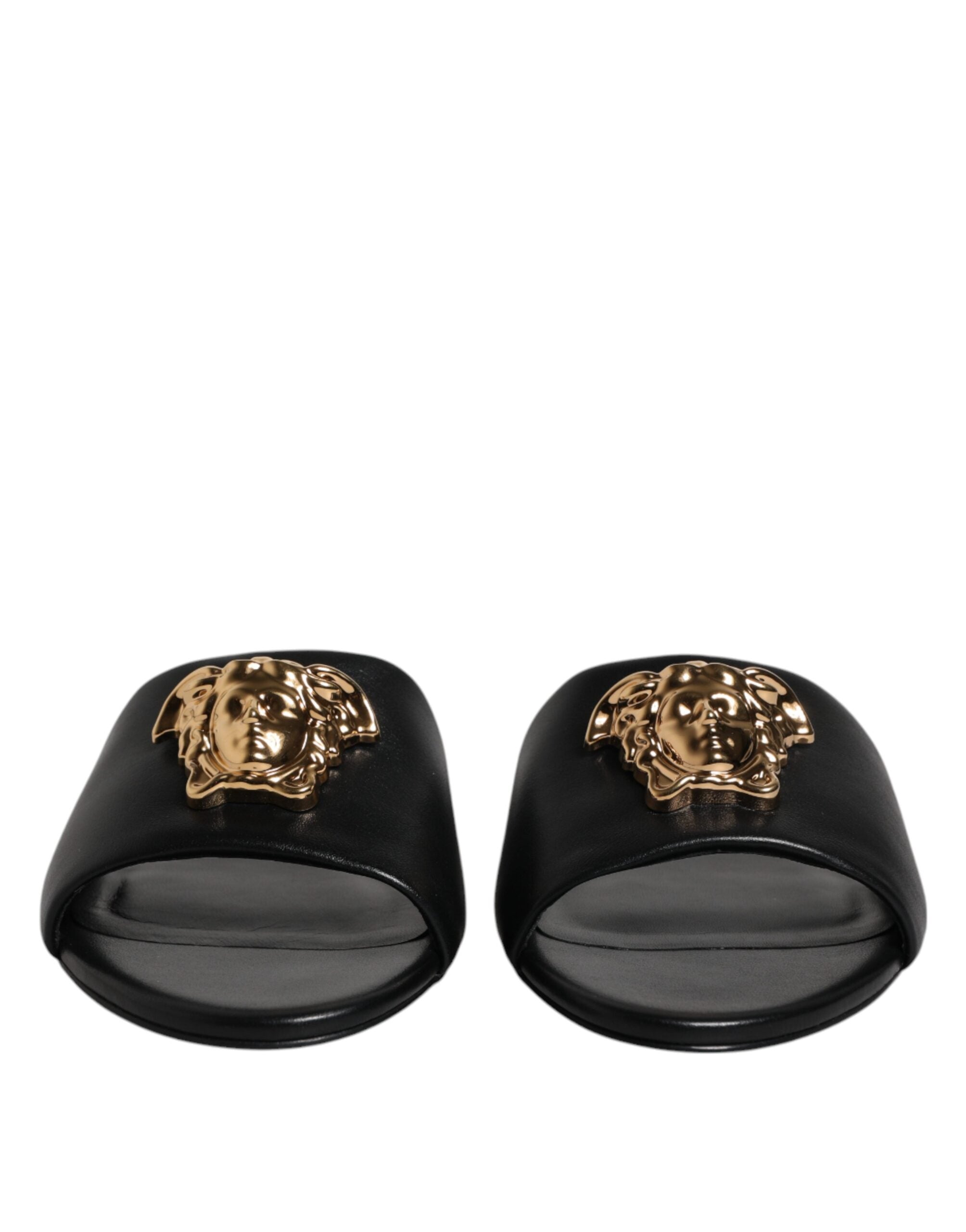 Versace Black Leather Logo Plaque Slip On Slides Flats Shoes Glam Steals