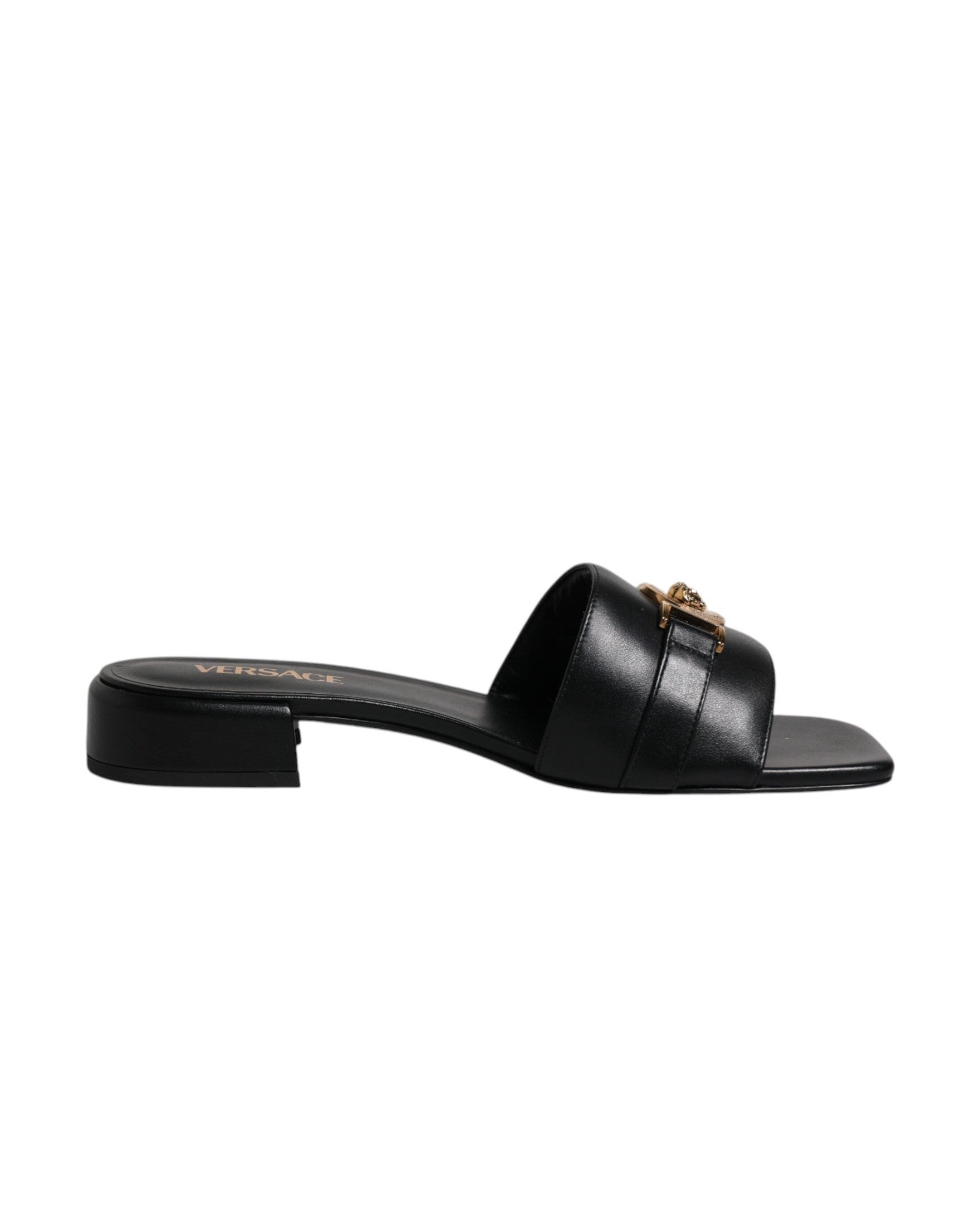 Versace Black Leather Logo Plaque Slip On Slides Flats Shoes Glam Steals