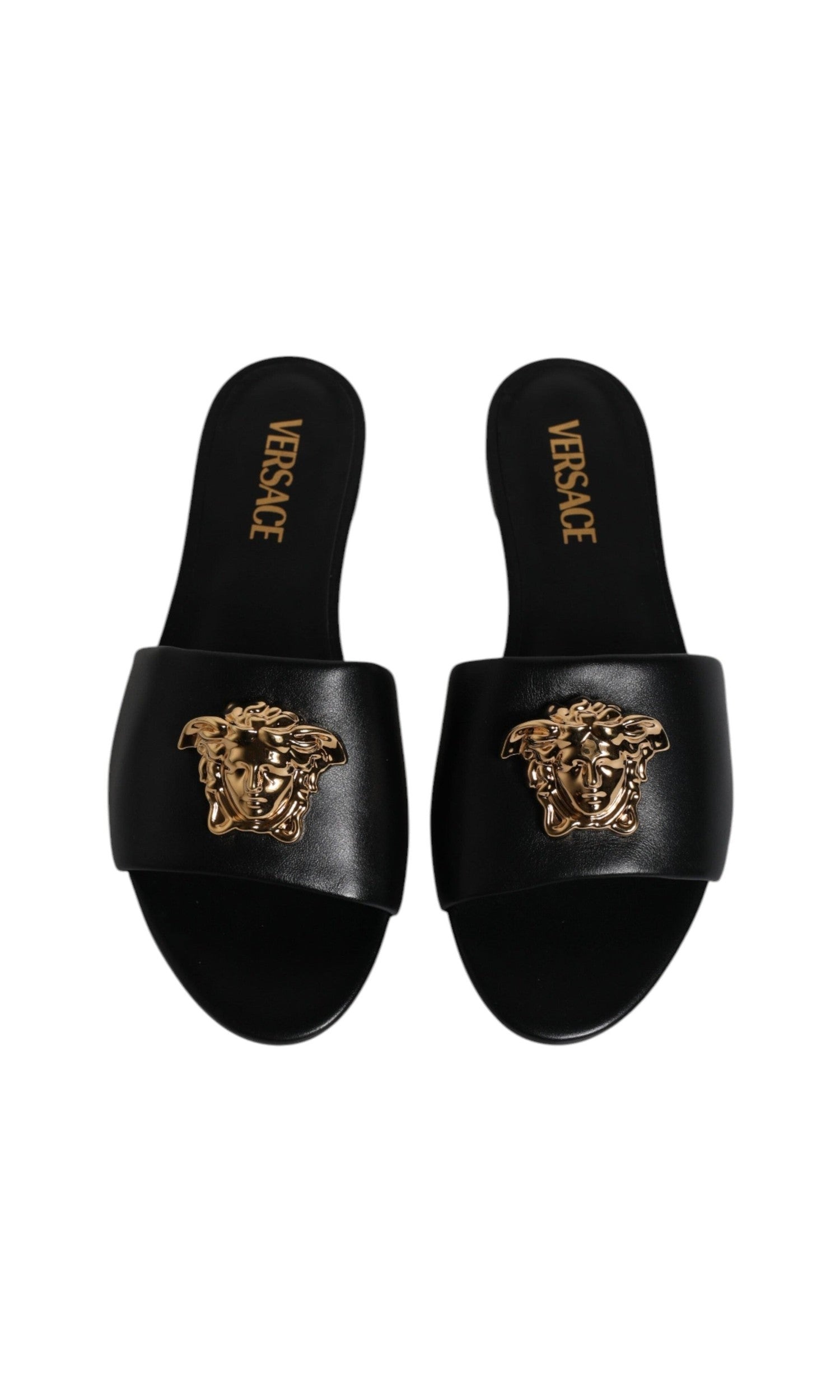 Versace Black Leather Logo Plaque Slip On Slides Flats Shoes Glam Steals