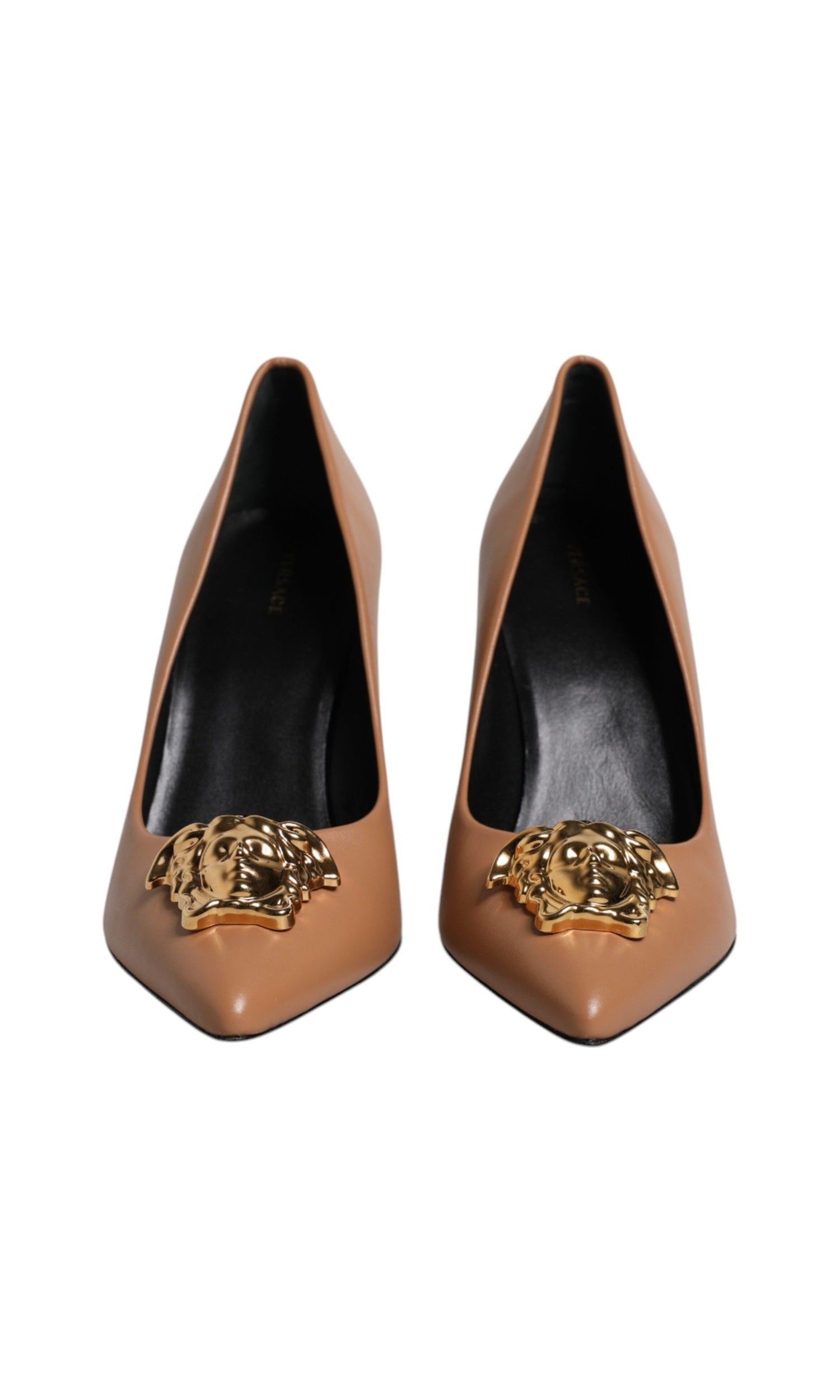 Versace Brown Leather Logo Plaque High Heels Pumps Shoes Glam Steals