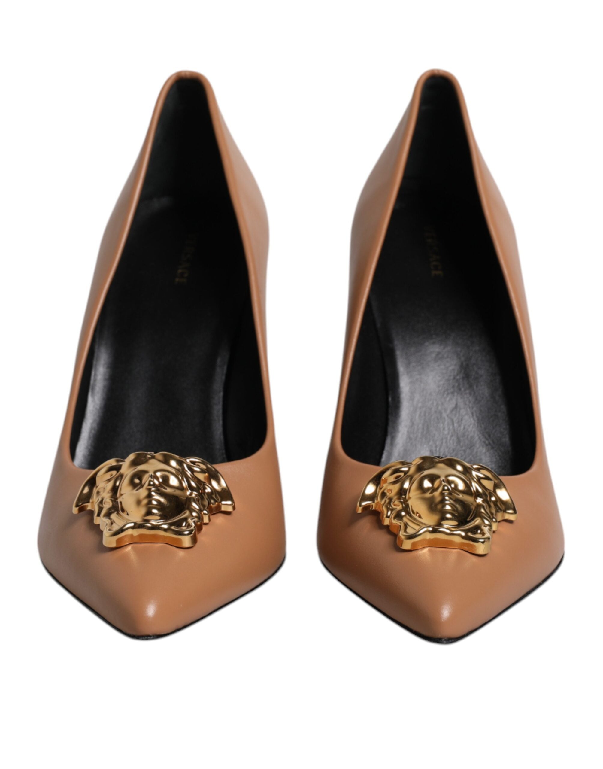 Versace Brown Leather Logo Plaque High Heels Pumps Shoes Glam Steals