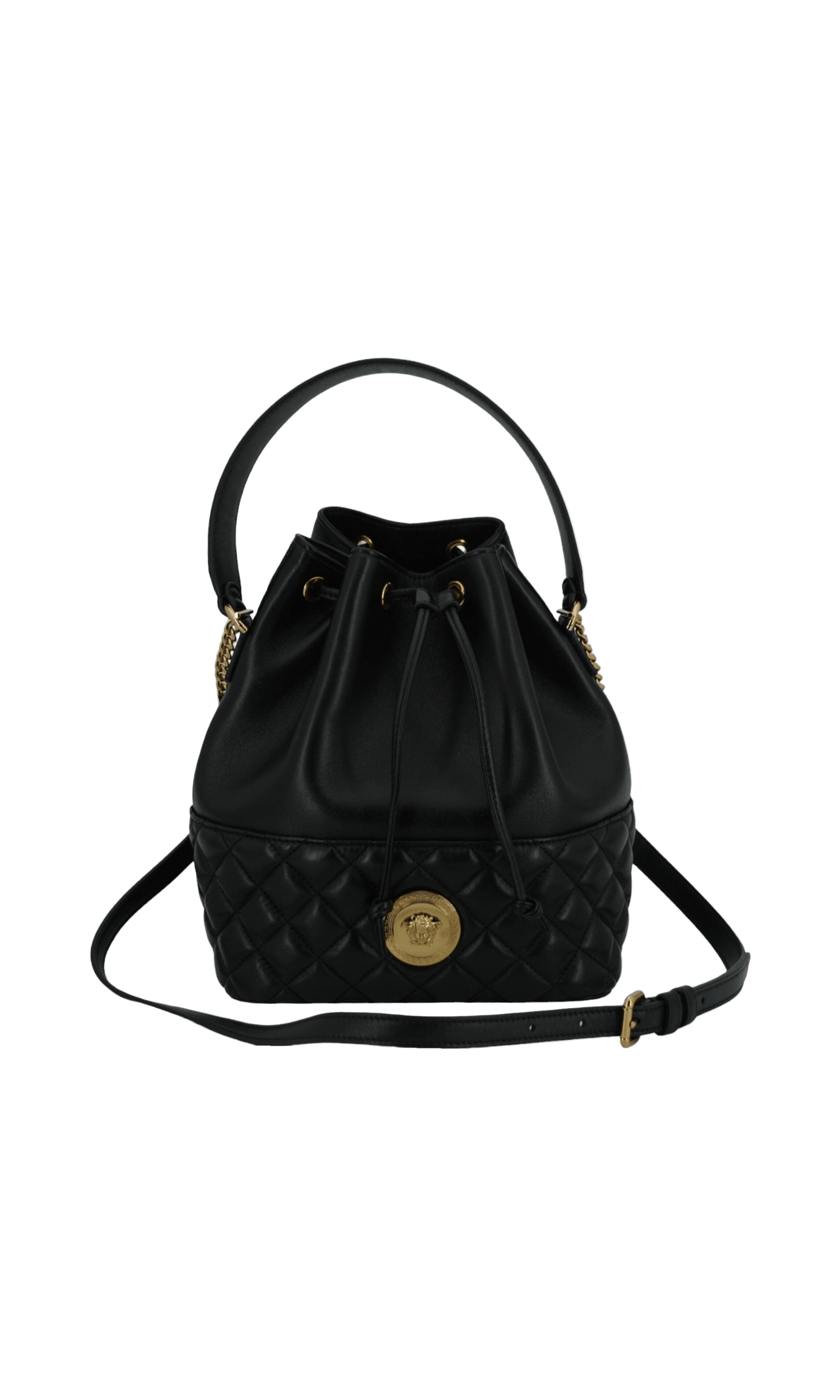 Versace Elegant Leather Medusa Bucket Shoulder Black Bag Glam Steals